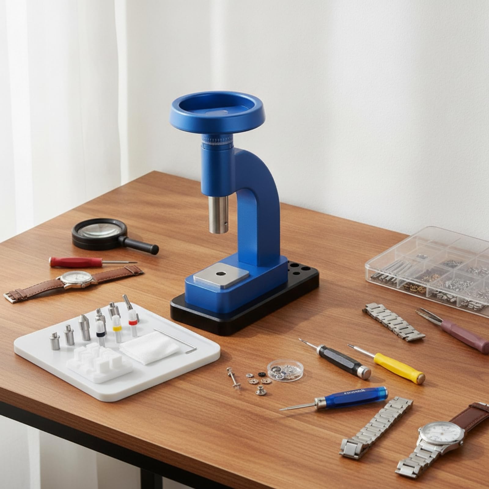 Pressa Riparazione Orologi Pressa Cassa Pressa Vetro Attrezzo Orologiaio Strumento Metallico con Base Stabile E Teste Intercambiabili Adatta per Banco Lavoro Casa Laboratorio, Verde
