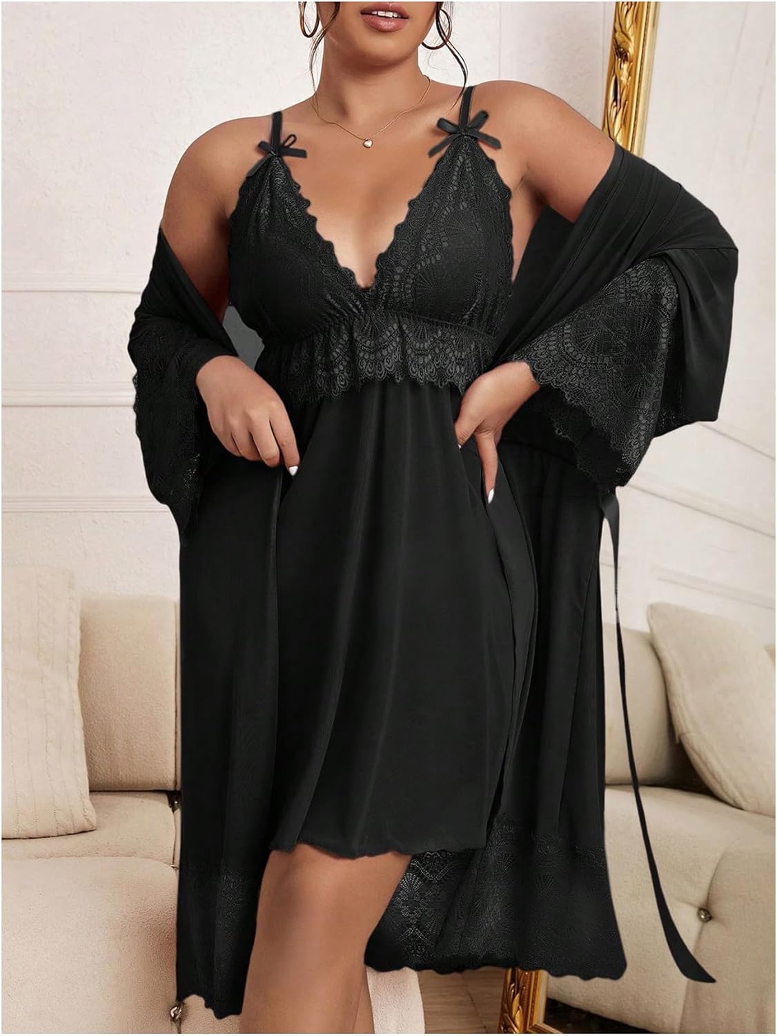 GORGLITTER Women's Plus 2 Piece Robe Pajamas Set Lace Cami Nightgown and Robes Nightwear