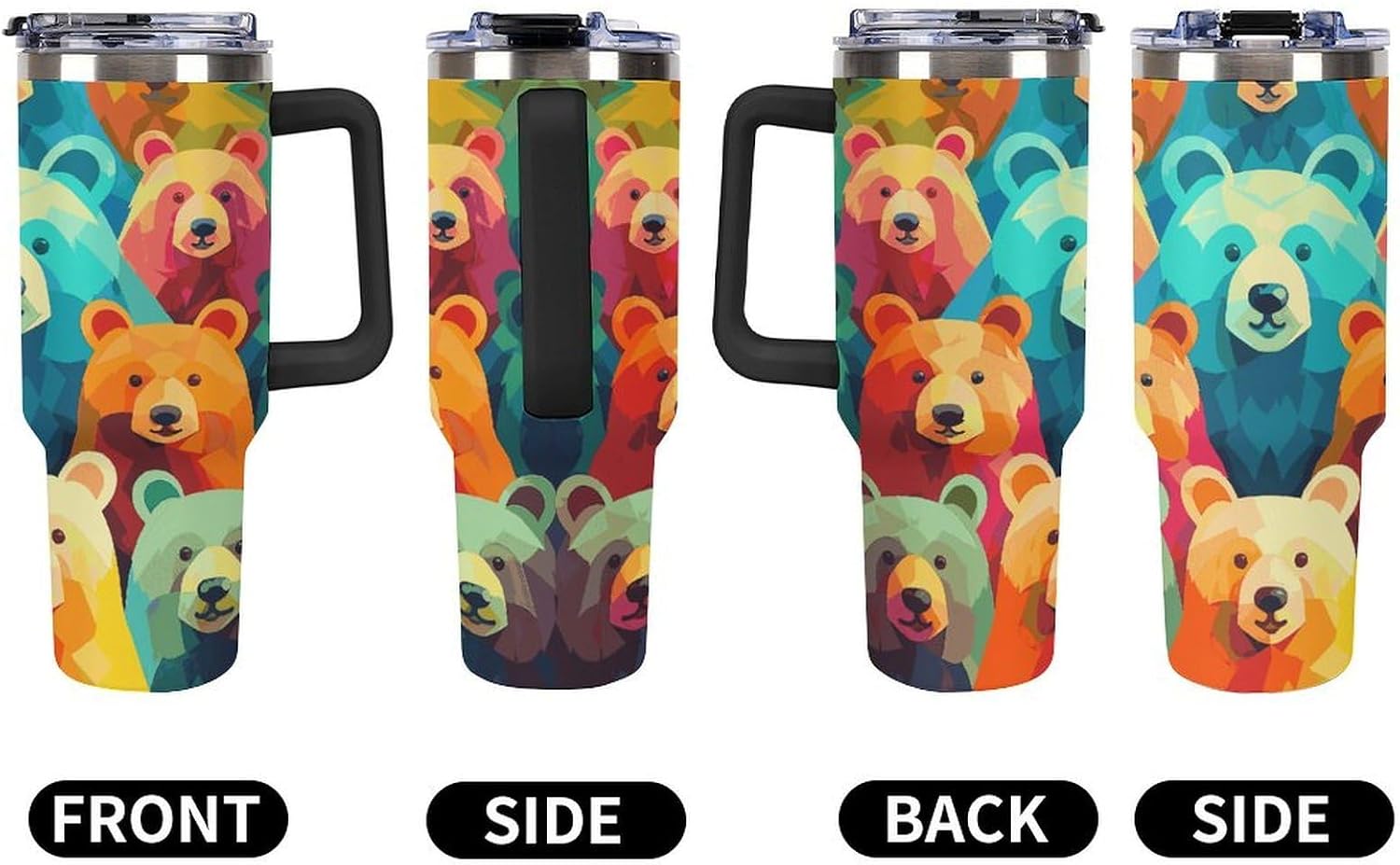 Colorful Bears Tumbler 40 Oz with Handle&Lid Large Car Cup Stainless Steel Vacuum Travel Mug Insulated Water Bottle Leak-proof Portable Coffee Cup for Home Car Outdoor
