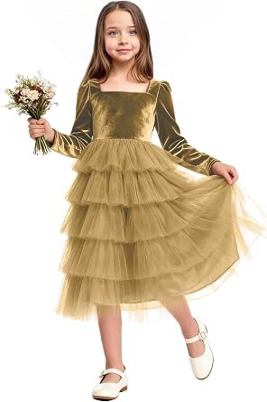 Flower Girl Dress Velvet Tulle Square Neck Long Sleeve Girls Bridesmaid Formal Dresses Wedding Winter Christmas