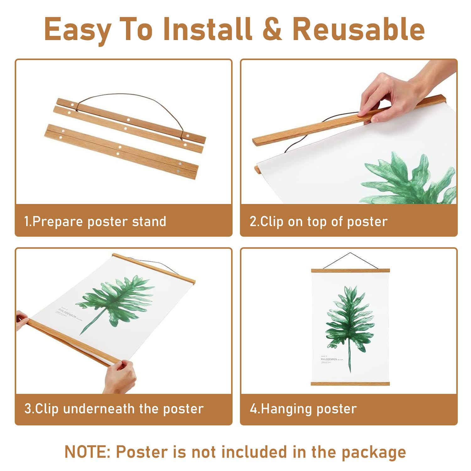 ZOLGINAH 3 Pezzi 31 Cm Supporti per Poster A3, Supporto Magnetico per Poster, Cornice in Legno di Teak per Appendere Poster