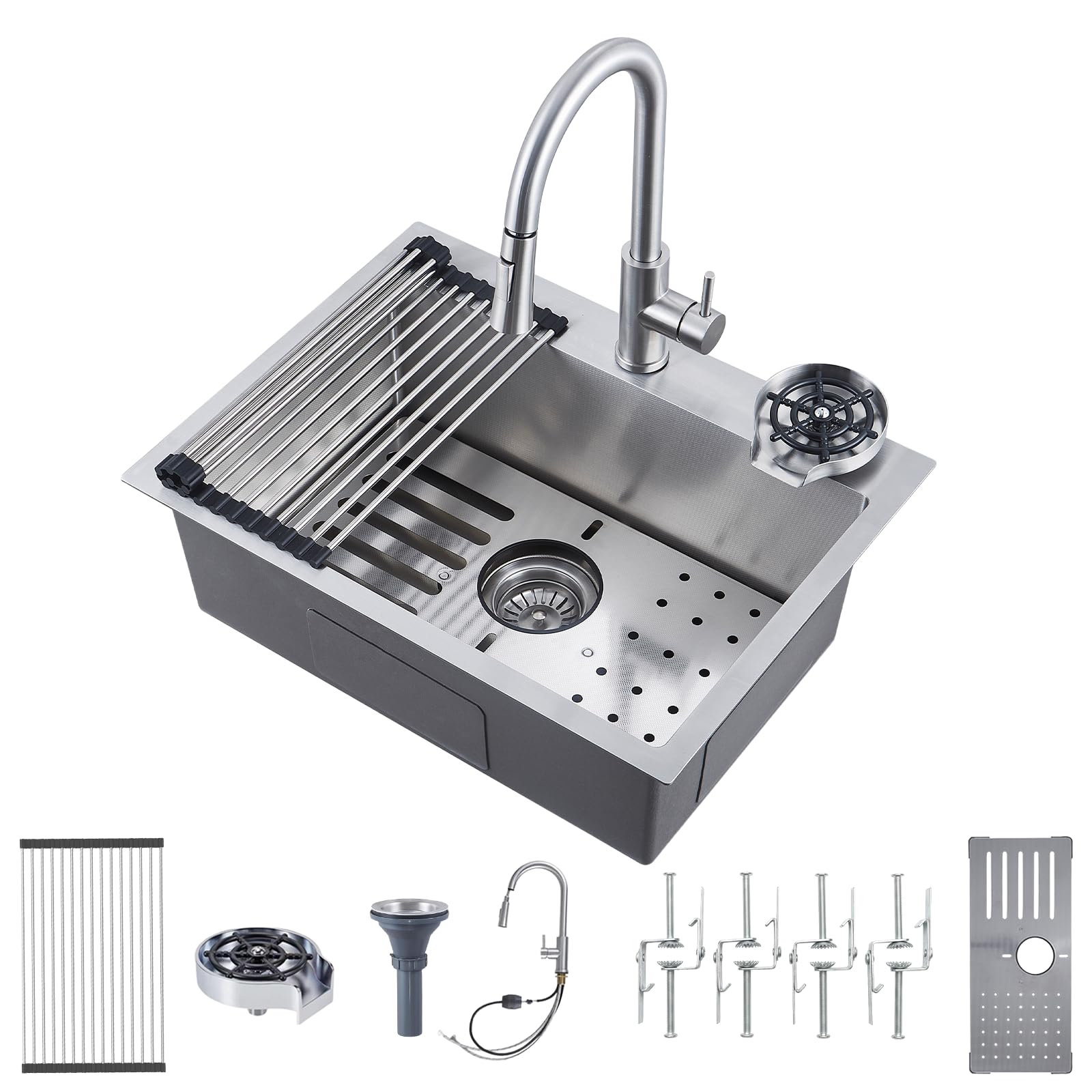 Built-in Stainless Steel Kitchen Sink with Faucet and Drain Rack