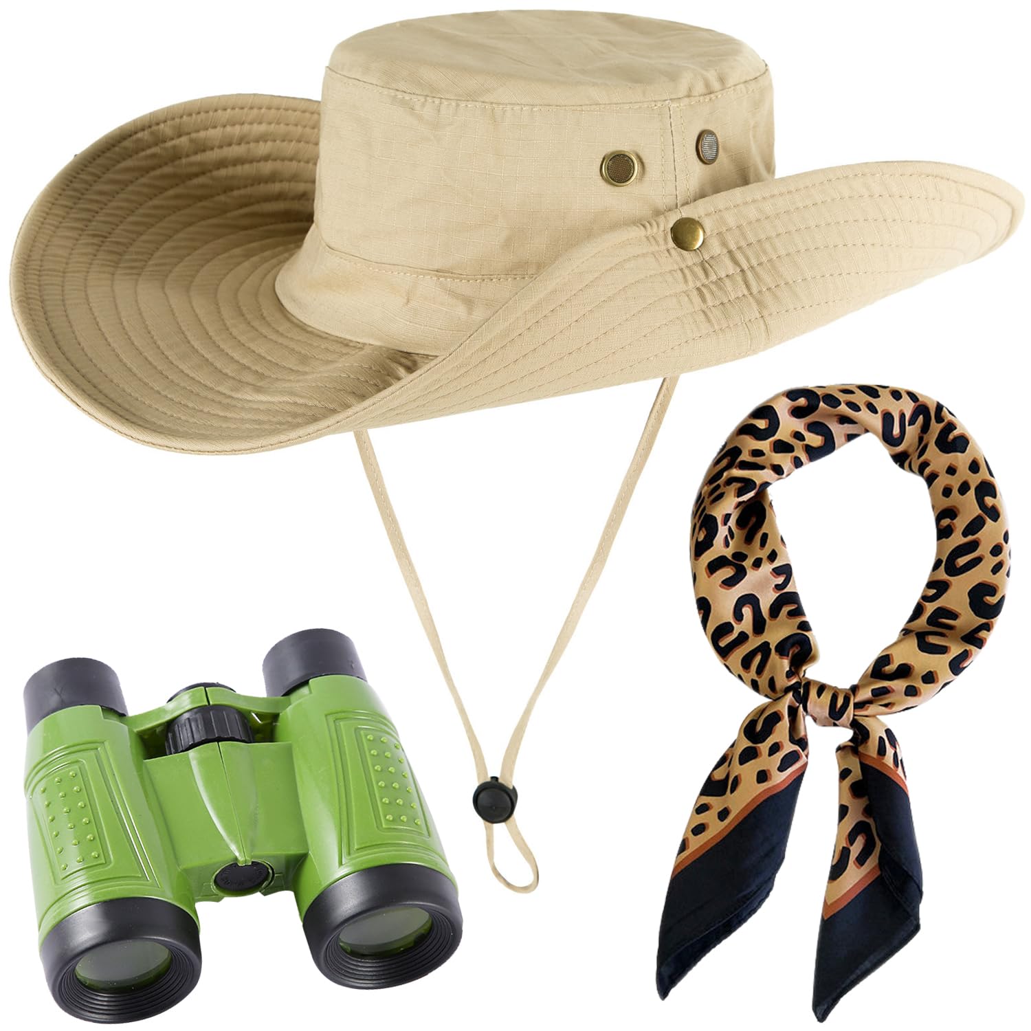 MIFKLMV 3 PCS Safari Costume Accessories Set, Explorer Zookeeper Costumes Safari Outfit Accessories Safari Hat, Leopard Print Scarf, Binoculars for Summer Outdoor Sports