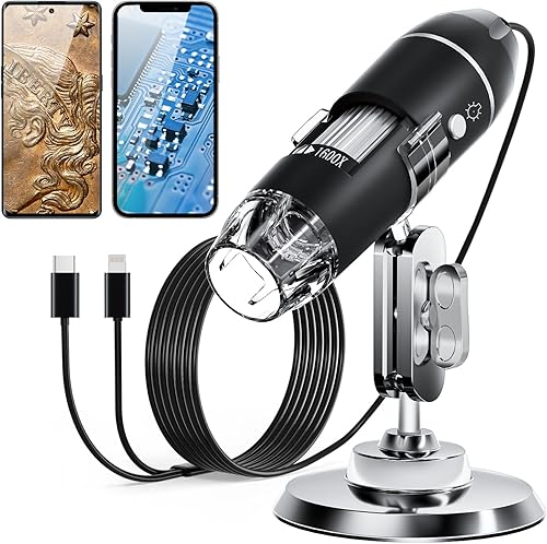 Cámara de microscopio digital USB, cámara de inspección HD de mano con aumento de 50 x 1600x con soporte ajustable, 8 luces LED, microscopios