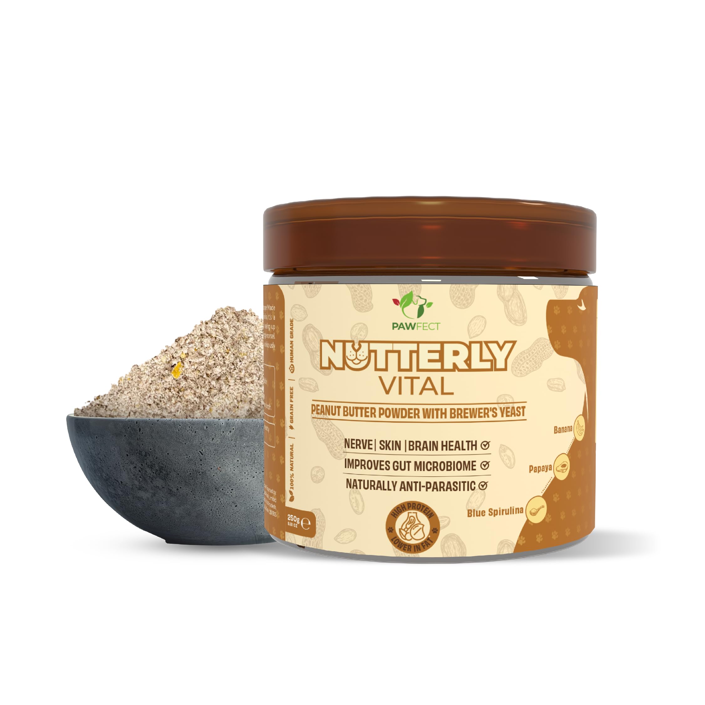 Pawfect Nutterly Vital Daily Topper for Dogs - 100% Natural Peanut Butter Powder with Brewer's Yeast & Blue Spirulina- Improves Nerve, Skin, Brain Health & Gut Microbiome- Anti Parasitic(250g/8.82oz)