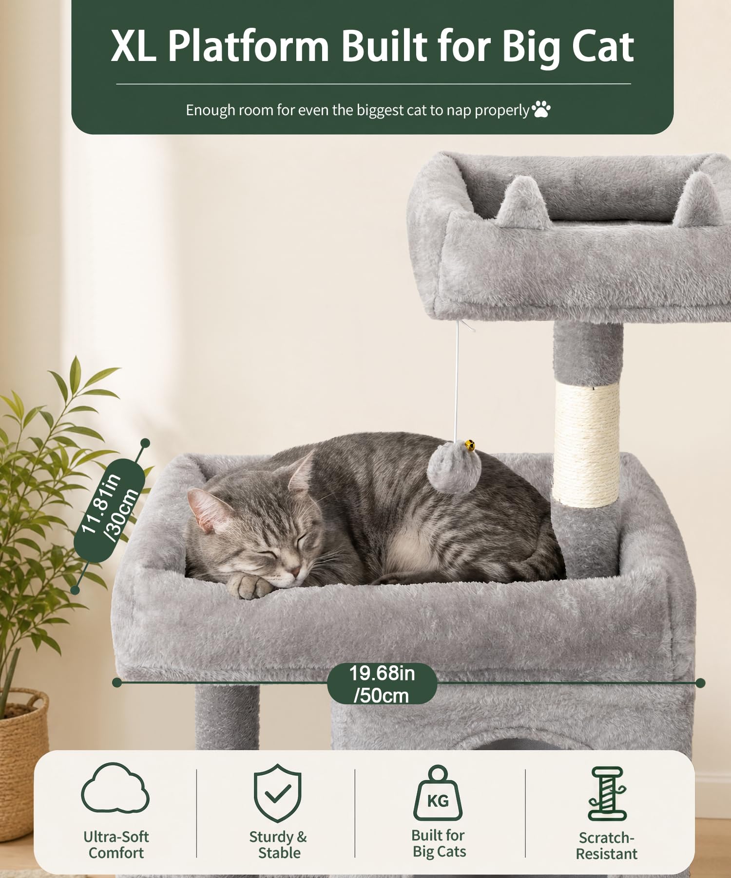 Albero per gatti da interno resistente, 172 cm, torre per gatti grandi con tiragraffi in sisal e posatoio superiore, grande piattaforma per gatti adulti, PMT02GY, grigio