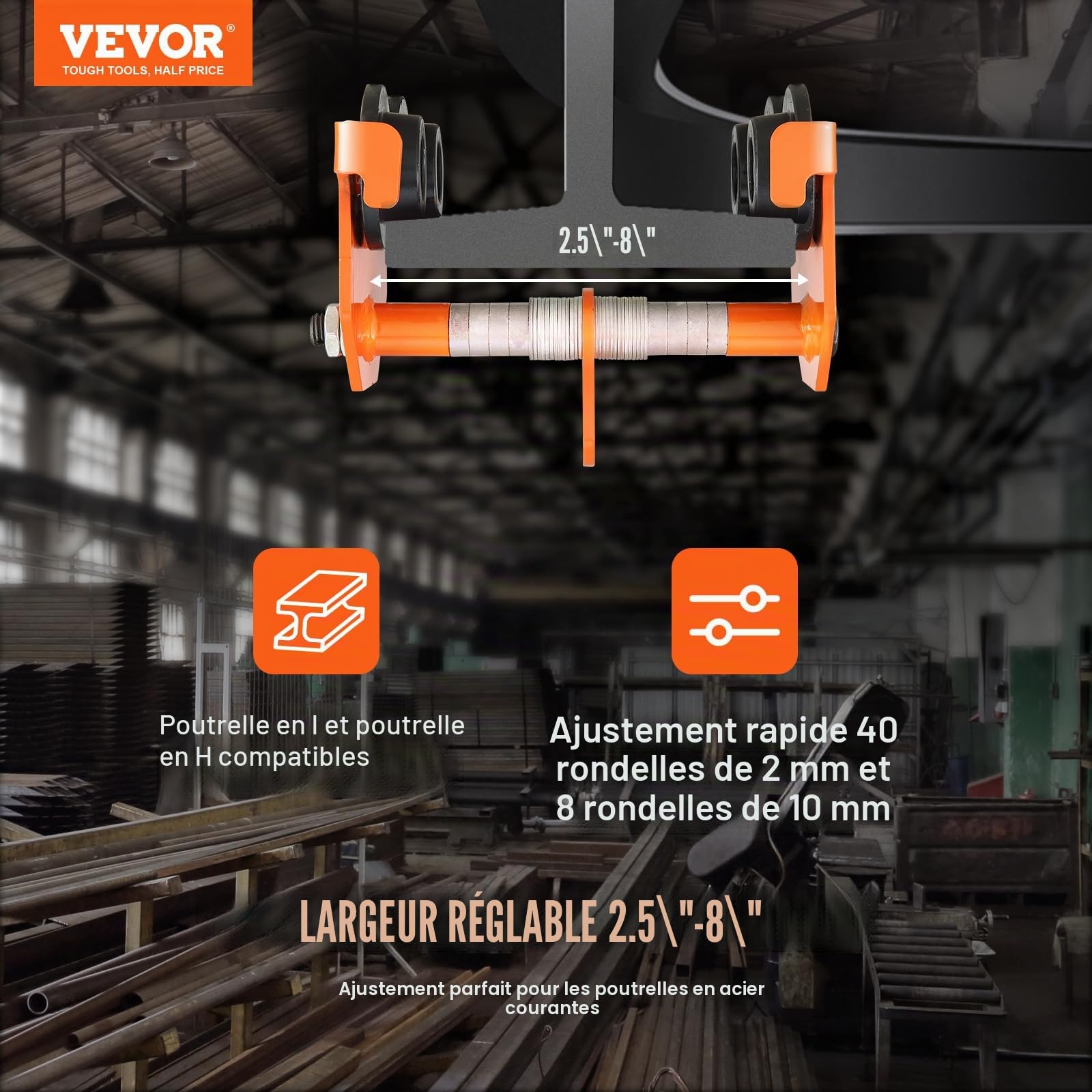 VEVOR Chariot Porte-palan Capacité de Charge 0,5 T Chariot à Poutre de Poussée Largeur Réglable 63,5-203,2 mm Chariot à Palan de Garage en Acier Allié avec Roues pour Poutres en I Droite et Courbée