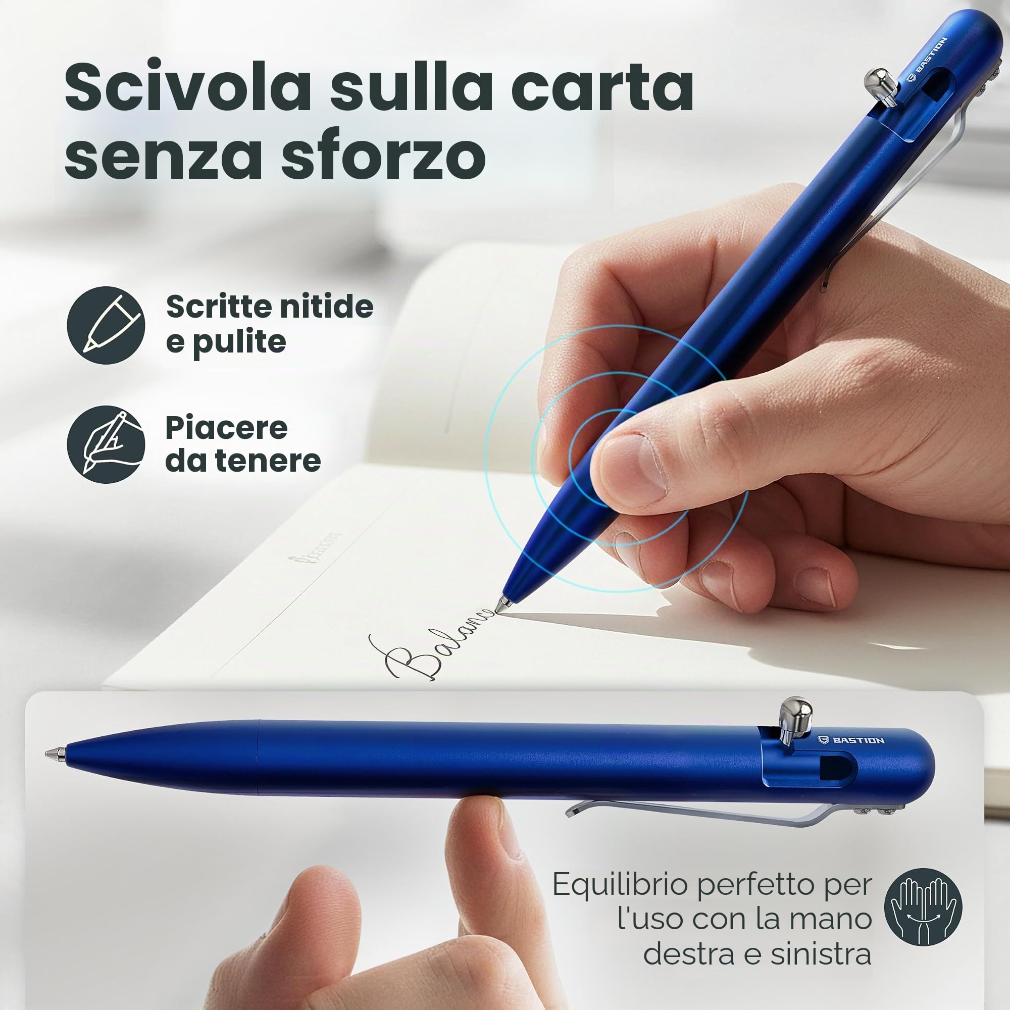 BASTION Penna leggera in alluminio (blu) Bolt Action | Inchiostro ricaricabile retrattile per ufficio penna regalo novità | Colore Metallo Luce