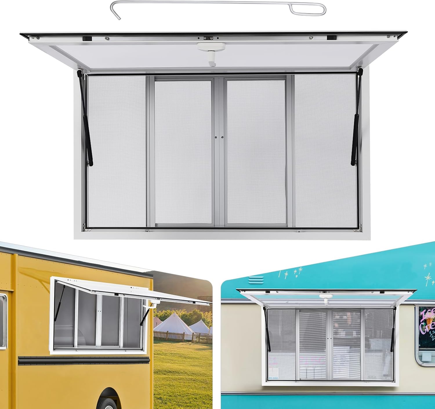 Concession Window for Food Truck, 50 x 30 inch Concession Stand Serving Window Aluminum Alloy Food Truck Service Awning Door Up to 80 Degrees W/ Drag Hooks & 2 Pneumatic Support Rods (50*30 inch)