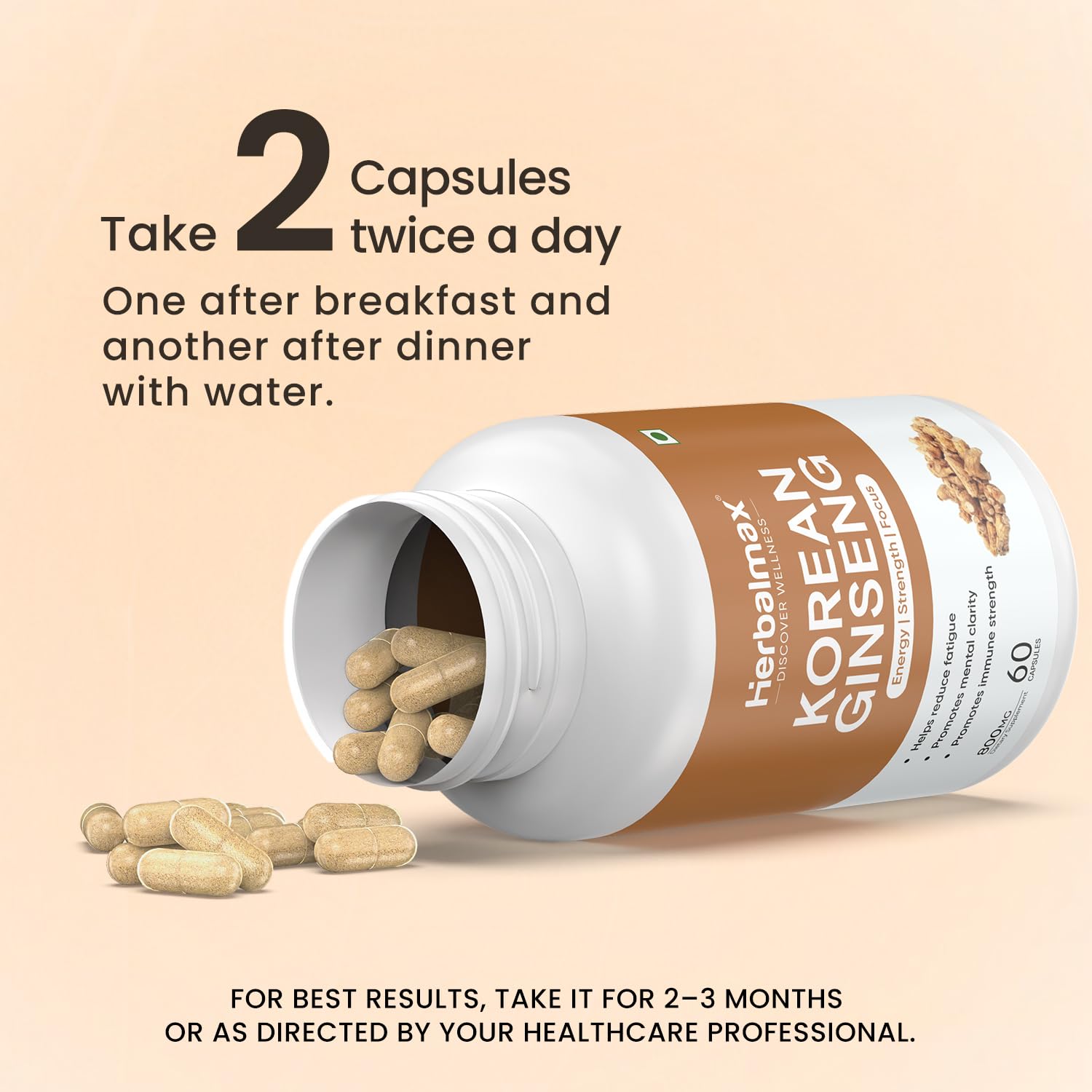 Herbalmax Korean Ginseng Capsules | Supports Immunity, Stamina & Energy | Natural Stress Relief & Vitality Booster Ayurvedic Supplement for Men & Women | Pack of 2, 60 Veg Capsules Each 4