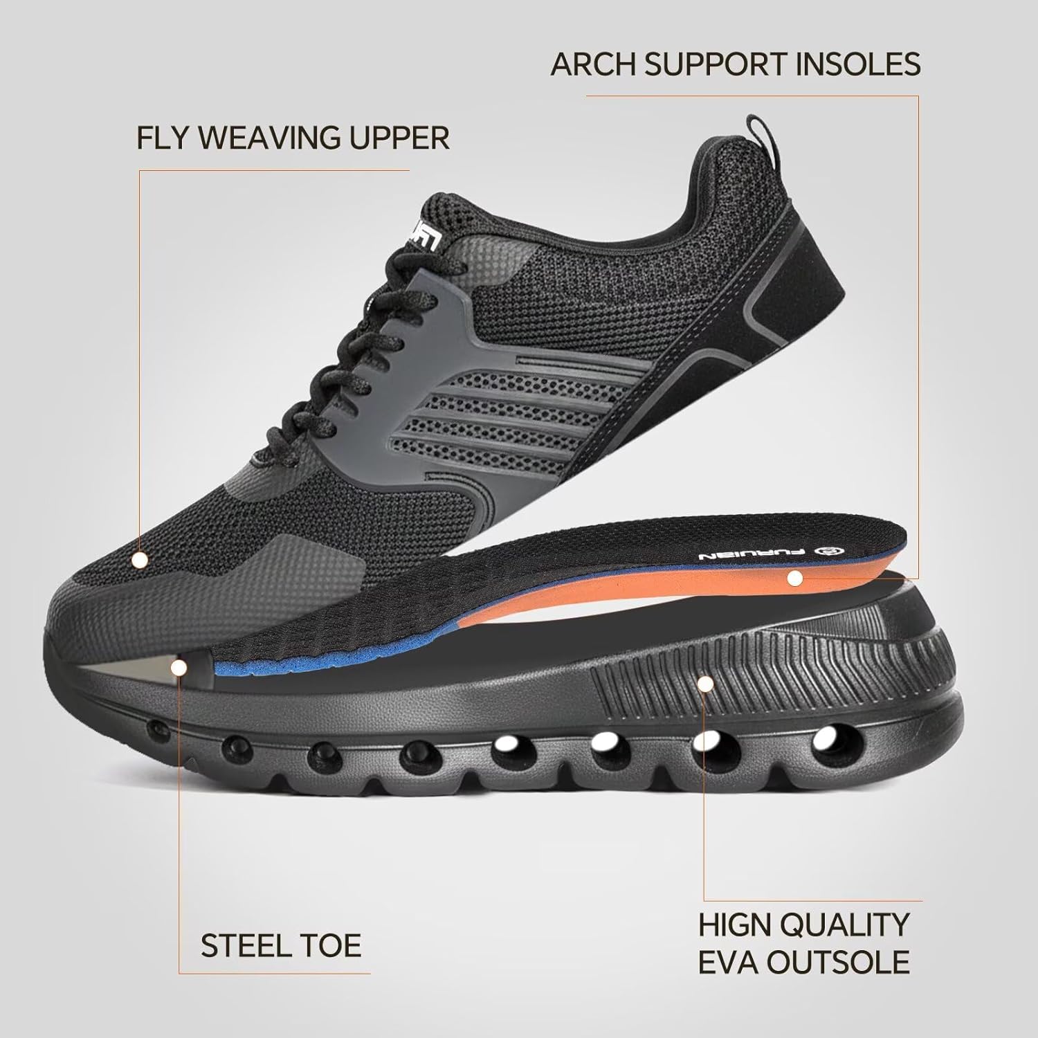 Furuian Steel Toe Shoes for Women Lightweight Safety Sneakers Comfortable Breathable Indestructible Women's Steel Toe Sneakers Composite Toe Work Shoes for Women Ergonomic Design