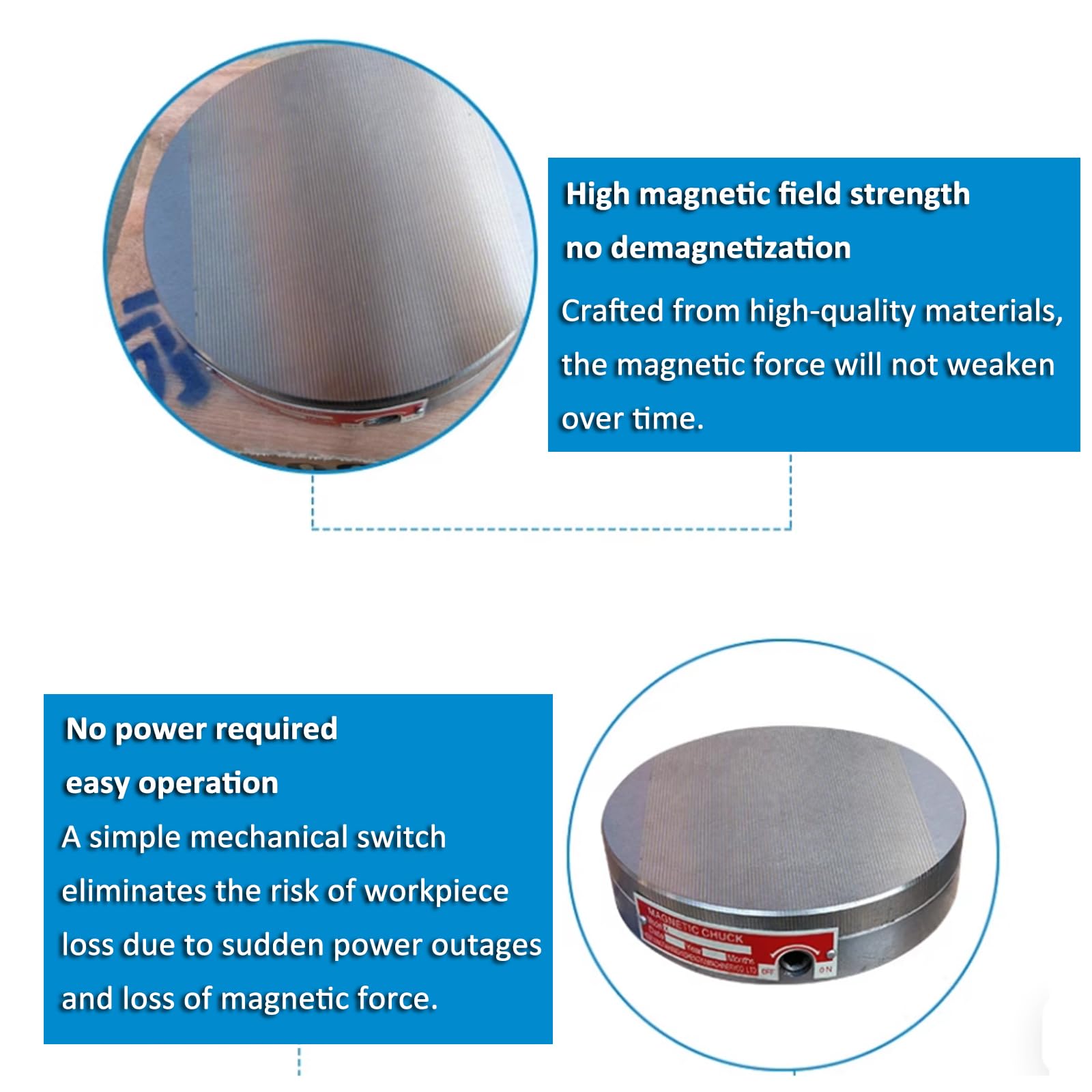Stały uchwyt magnetyczny, średnica 10 cm, wytrzymały, niedeagnetyzujący, siła ssania 120 N/cm², bez zasilania, do strugarek i frezarek