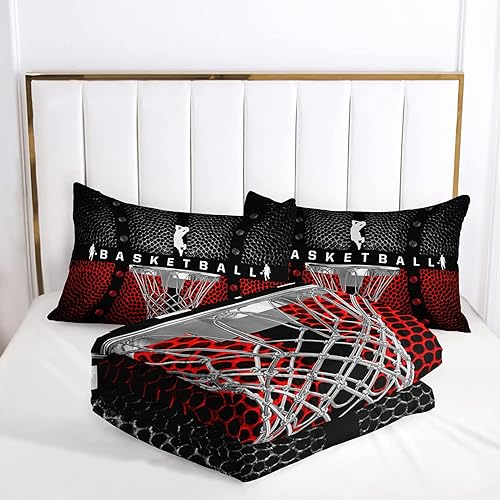 Miniatura 5 de AILONEN Juego de edredón de baloncesto para adolescentes y niños, tamaño individual, color negro con juego de ropa de cama de baloncesto rojo,