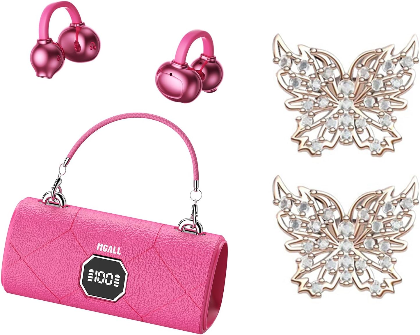 MGALL X22 Fashionable Clip On Wireless Headphones with Handbag‑Style,Open Ear Clip on Earbuds,Cute Removable Earring Luxury Leather Texture,Bluetooth 6.0,LED HD Display,50H Play,for Women,Beige4