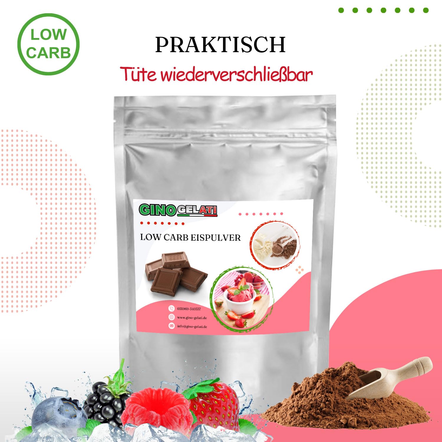 Gino Gelati Low Carb Eis Pulver Vegan Zucker-, laktosefrei mit fruchtigem Geschmack, schnelle und einfache Zubereitung, Made in Germany, Herstellung ohne Maschine (10 Kg, Mandarine)