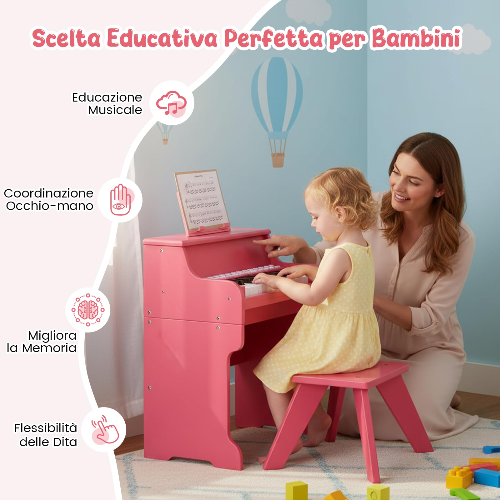 GYMAX Pianoforte Digitale in Legno per Bambini, Tastiera a 25 Tasti con Leggio, Sgabello, Tasti Illuminati, Modalità Didattica, 6 Strumenti e 8 Percussioni, Strumento Musicale (Rosa)