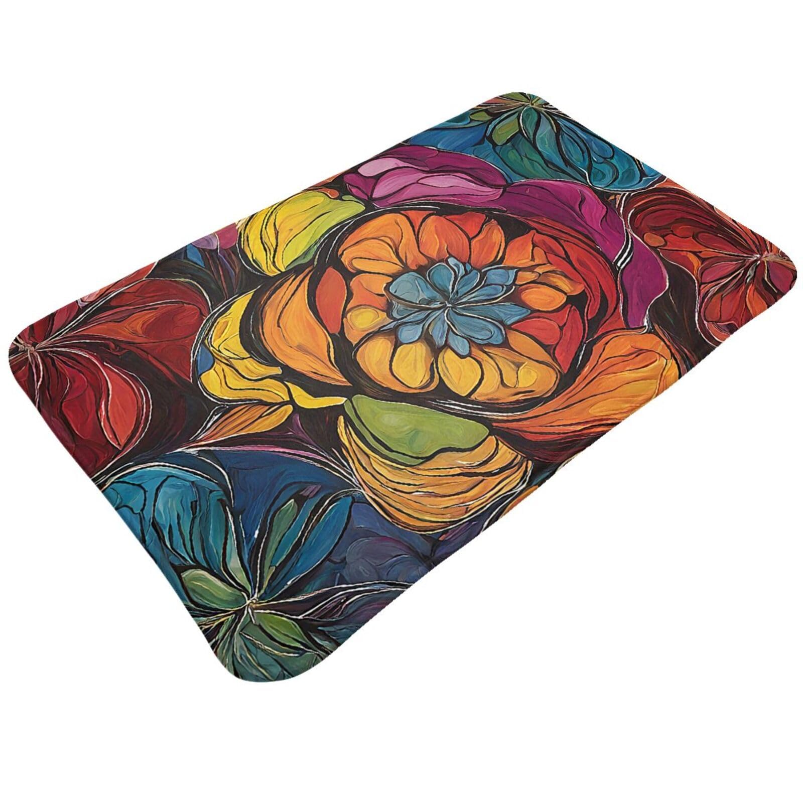 Flower Stained Glass Print Living Room Bathroom Kitchen Anti Slip and Absorbent Carpet, Indoor Entrance Door Muddy Floor Mat, Ultra Soft Washable Carpet 21x31.5 Inches