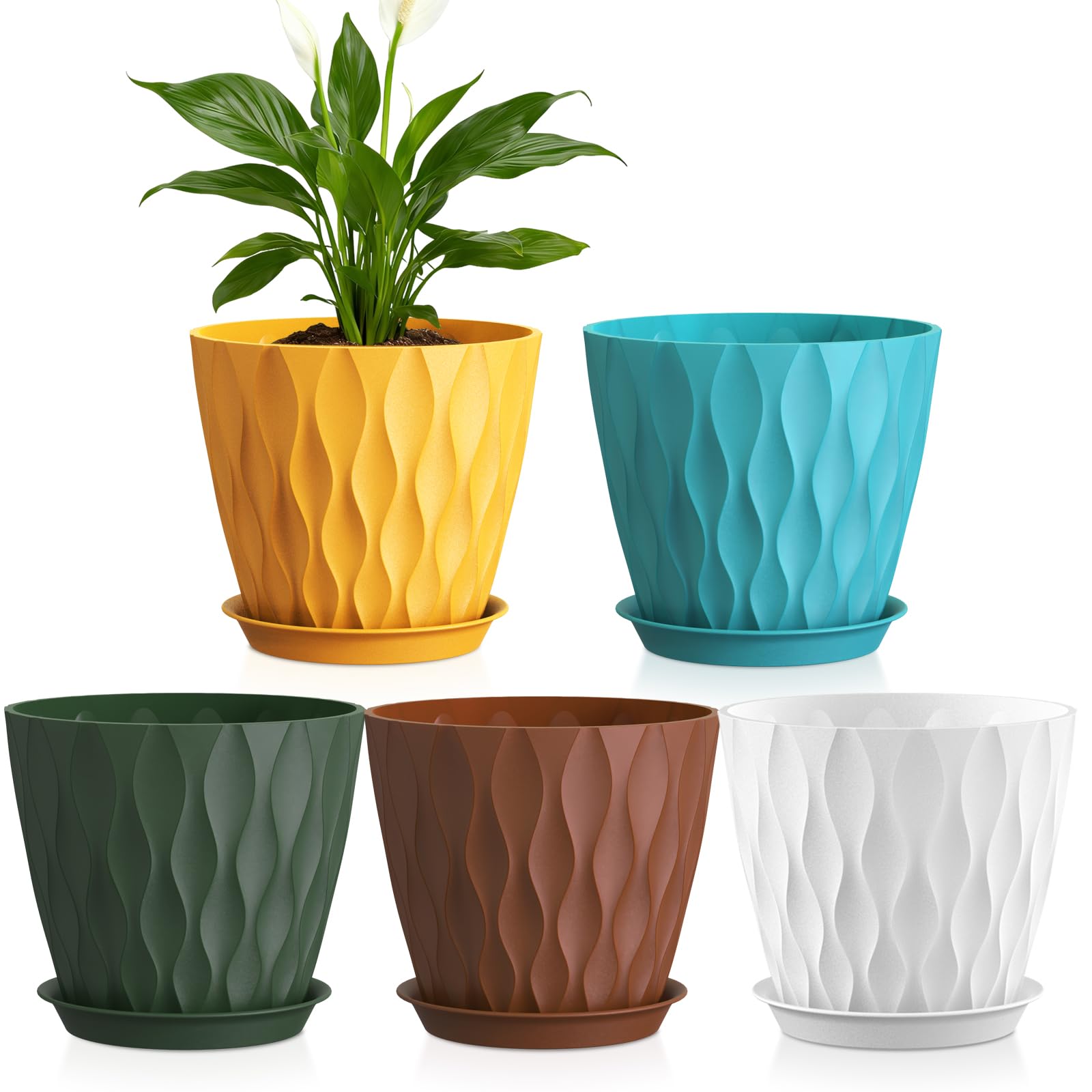 12.7 cm Indoor Plant Pot, 5 Pack Thick Plastic Flower Pots with Drainage Holes & Saucers, 3D Modern Wave Texture, Decorative Nursery Pots for Succulent, Cactus, Mint & Small House Plants, Black — view 8