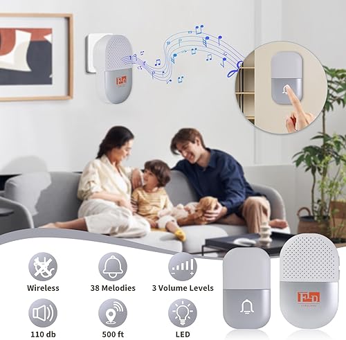 Miniatura 2 de FORELAND - Timbre inalámbrico alimentado por batería, timbre de puerta de 110 db, timbre inalámbrico, 38 melodías funciona con un rango de hasta 500