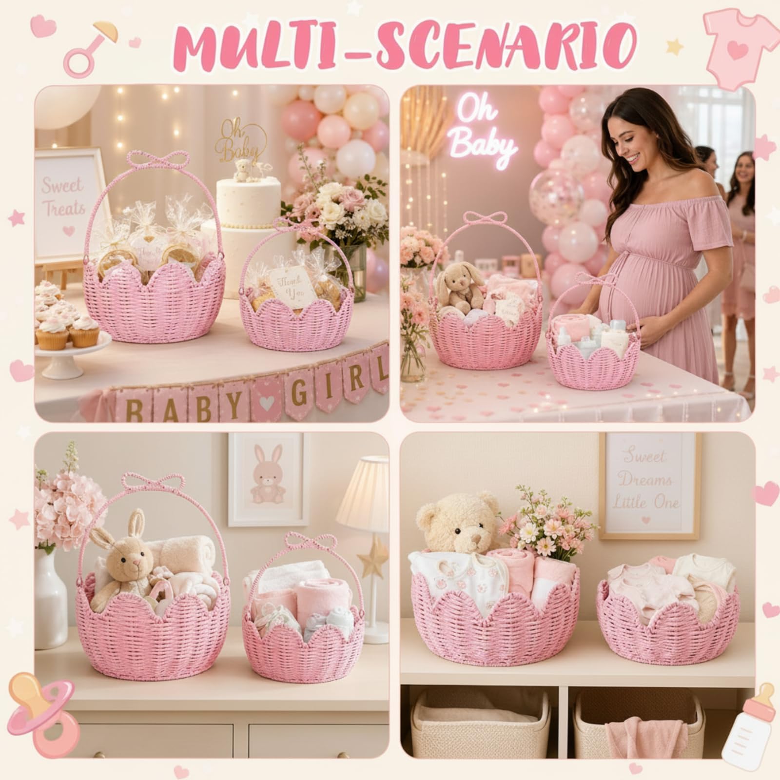 FoldTier 2 Stück rosa Oster-Geschenkkorb leer mit Griff, gewebtes Papierseil, Osterkorb zum Verschenken, Aufbewahren, Versammeln, Futtersuche, Gartentrug, Dekoration, groß und mittelgroß, 30,5 x 25,4