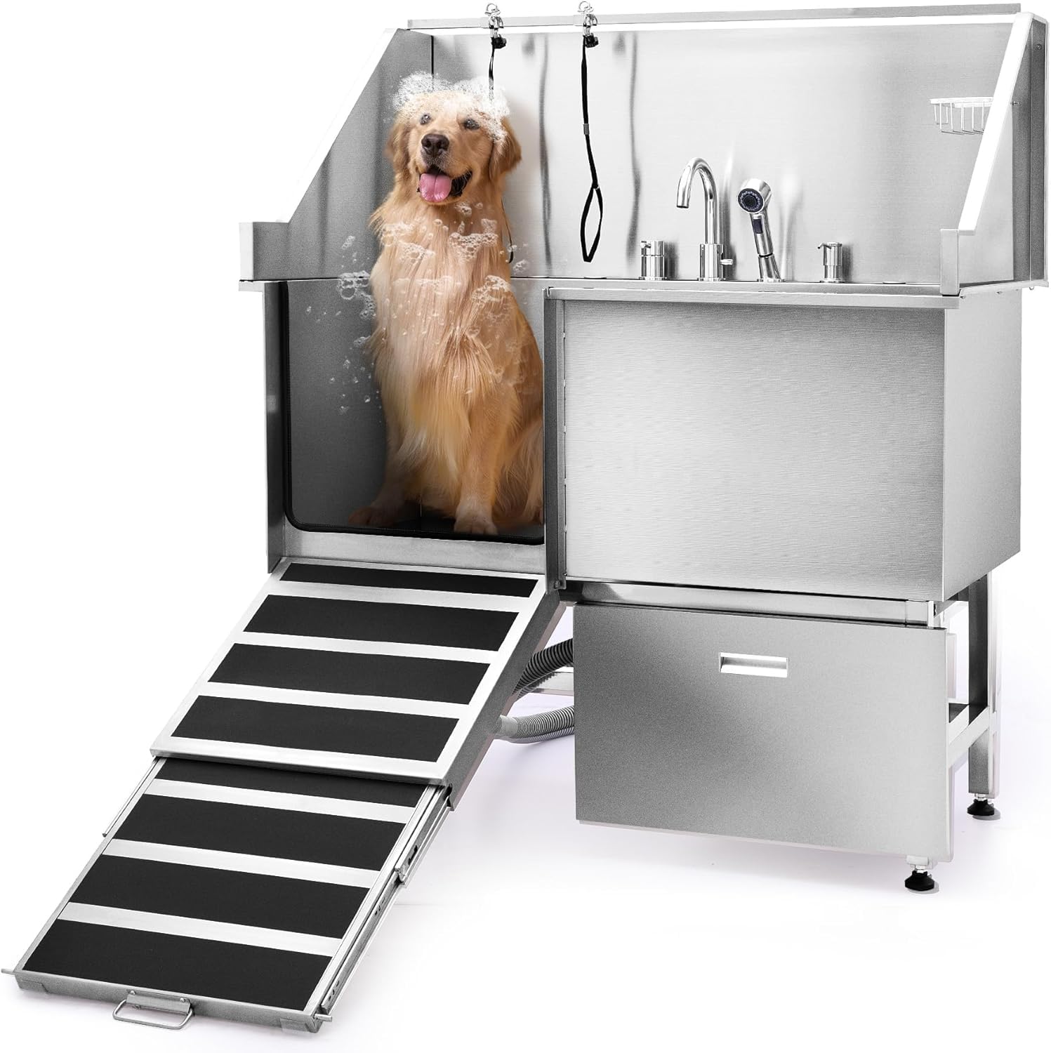 CO-Z Professional Dog Bathing Station, 50 inch Dog Grooming Tub with Nonskid Retractable Ramp for Large Dogs, Stainless Steel Dog Washing Station with Storage Drawer Swivel Faucet Pull Out Showerhead