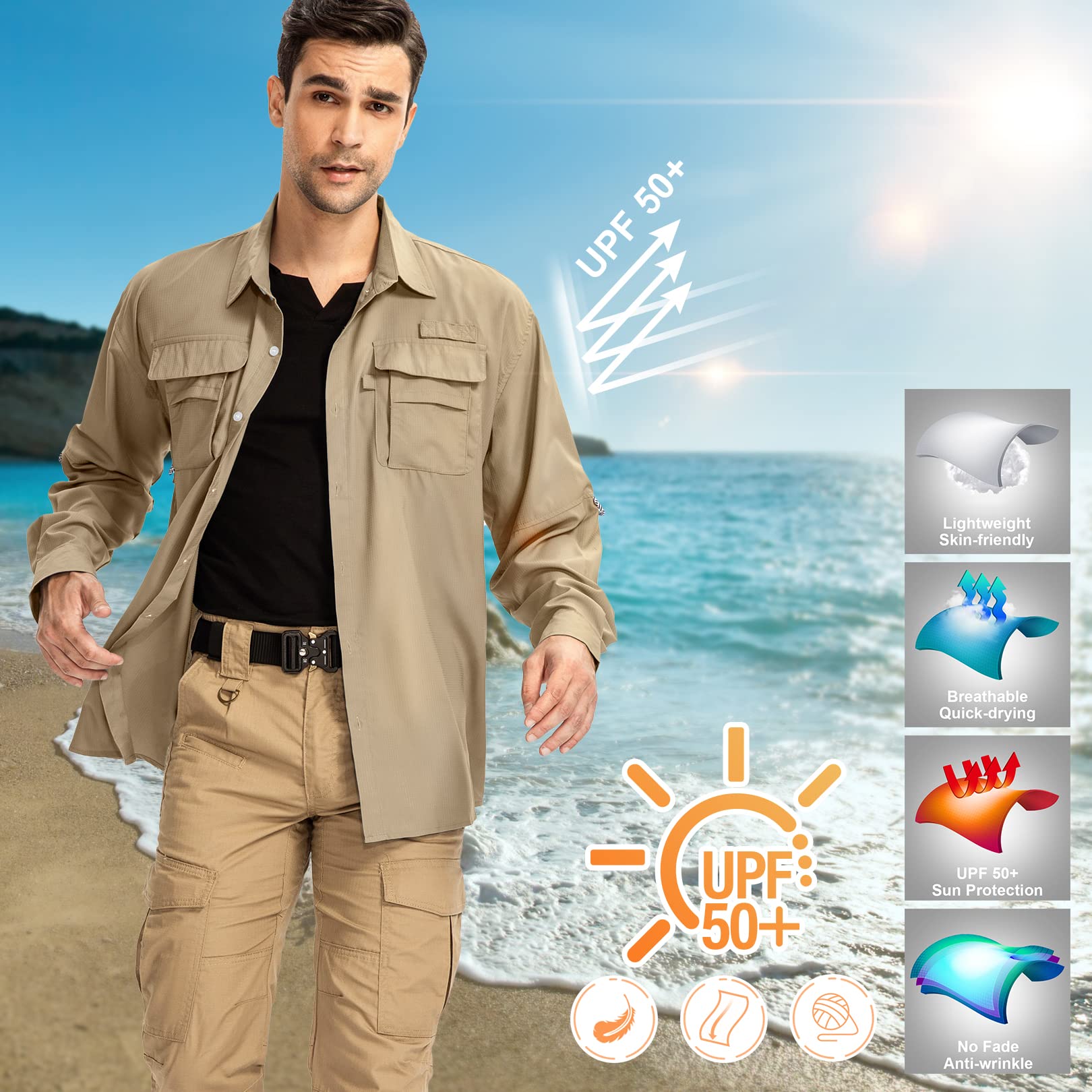 yeyity Outdoor Langarm Safari Hemd UPF50 UV Schutz Funktionshemd Atmungsaktiv Button Down Hemd für Wandern Angeln Trekking