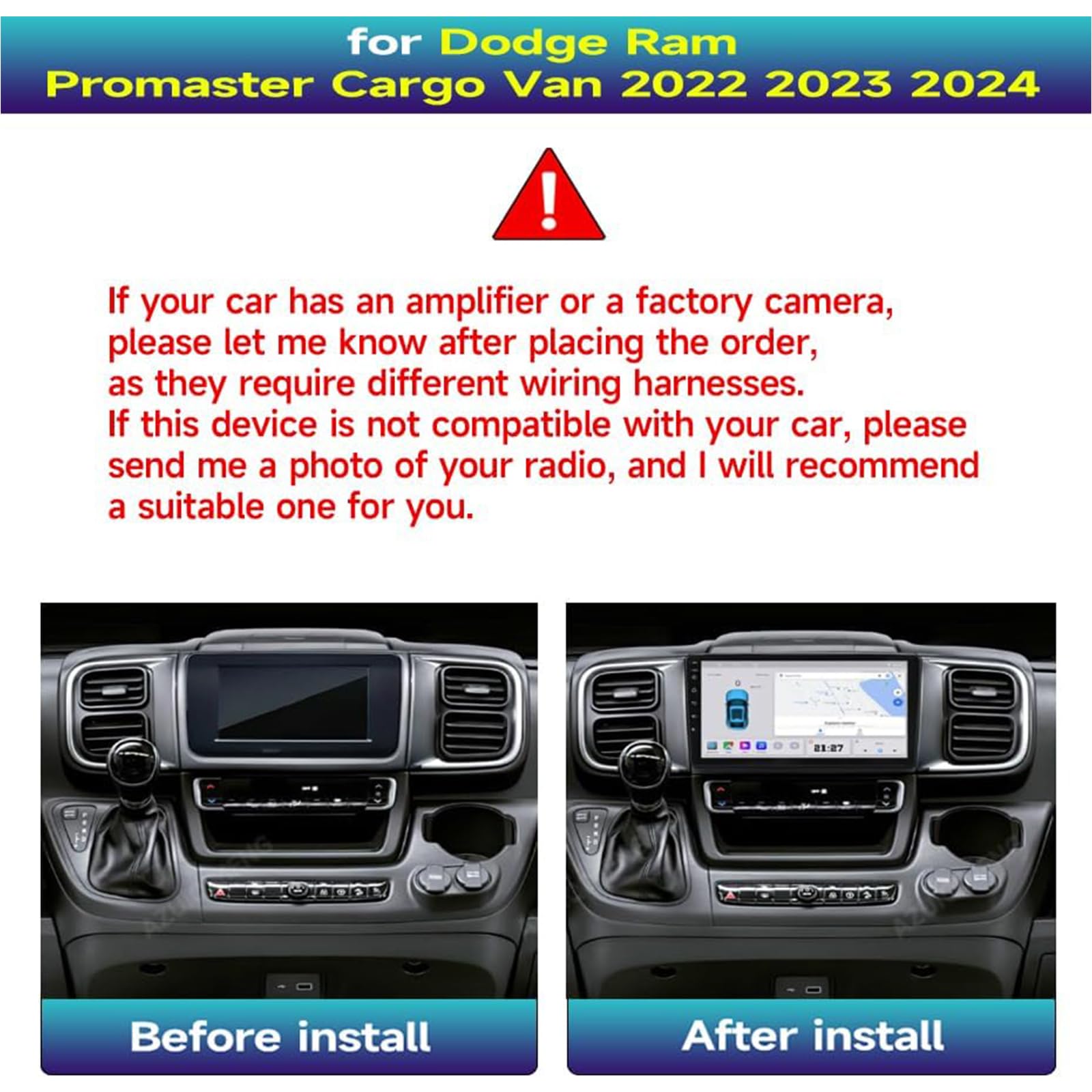 Autoradio Android 15 per Dodge RAM Promaster Cargo Van 2022-2024 | Unità principale touch screen da 9"Wireless CarPlay Navigazione GPS automatica Android Bluetooth WiFi 5G SWC Telecamera