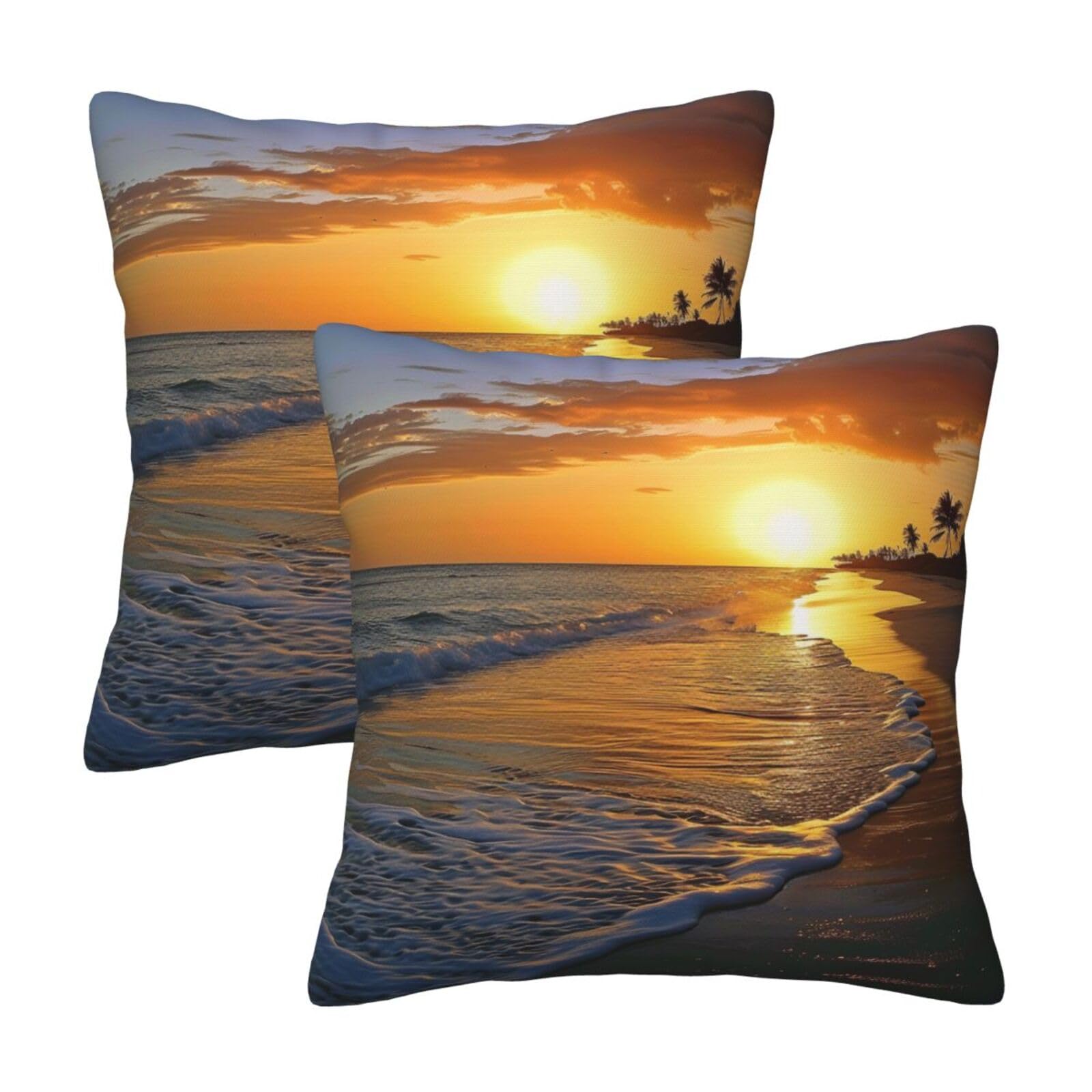kkvhhyuo beach with sunset Print Pillow Covers Set of 2, Square Decorative Cushion Covers with Hidden Zipper, Throw Pillow Cases for Living Room Sofa Bed Chair, 45x45 cm