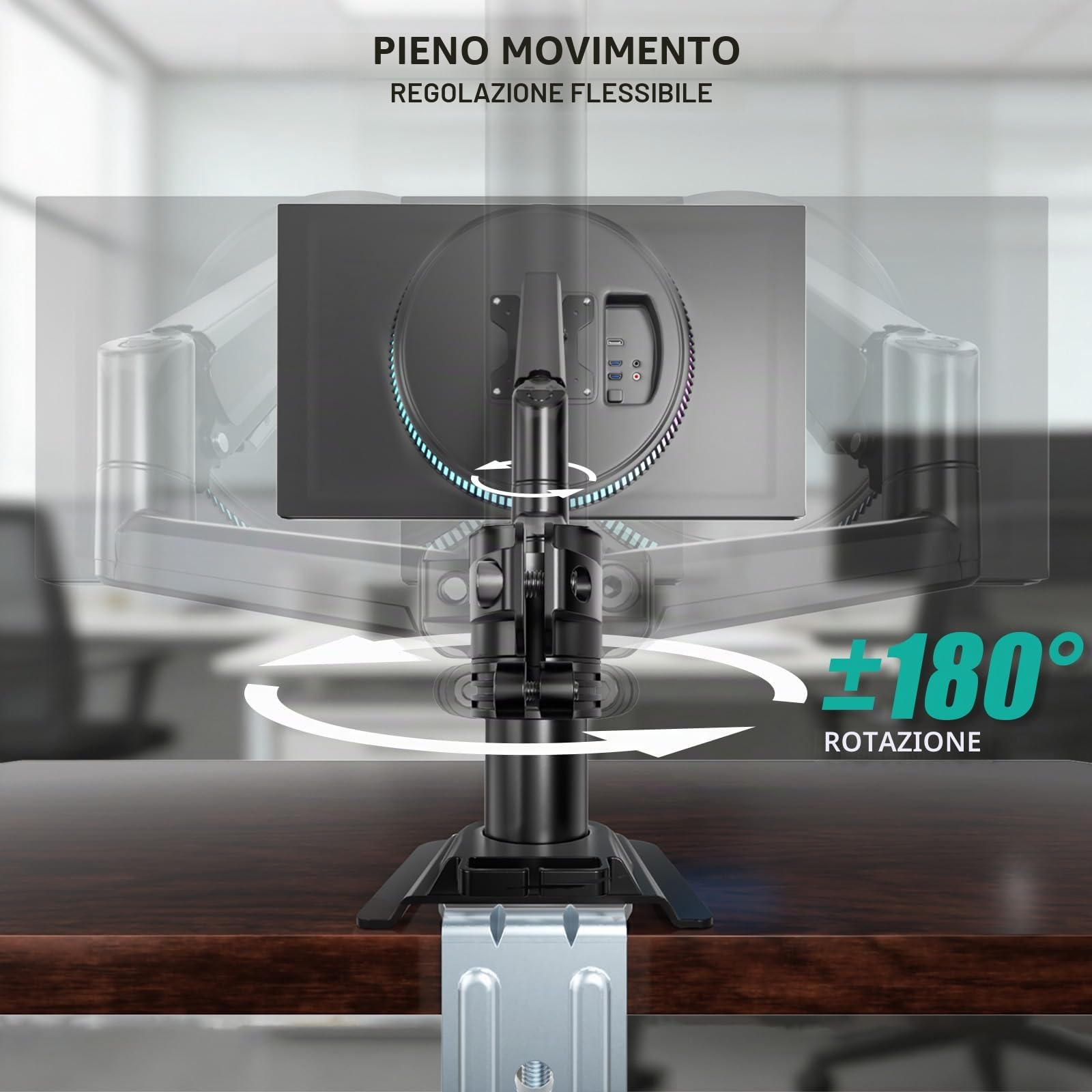 WALI Braccio singolo per monitor da 13 a 32 pollici, supporto regolabile per monitor con molla a gas, supporto per monitor del computer con rotazione inclinabile, morsetto a C e base con occhiello,