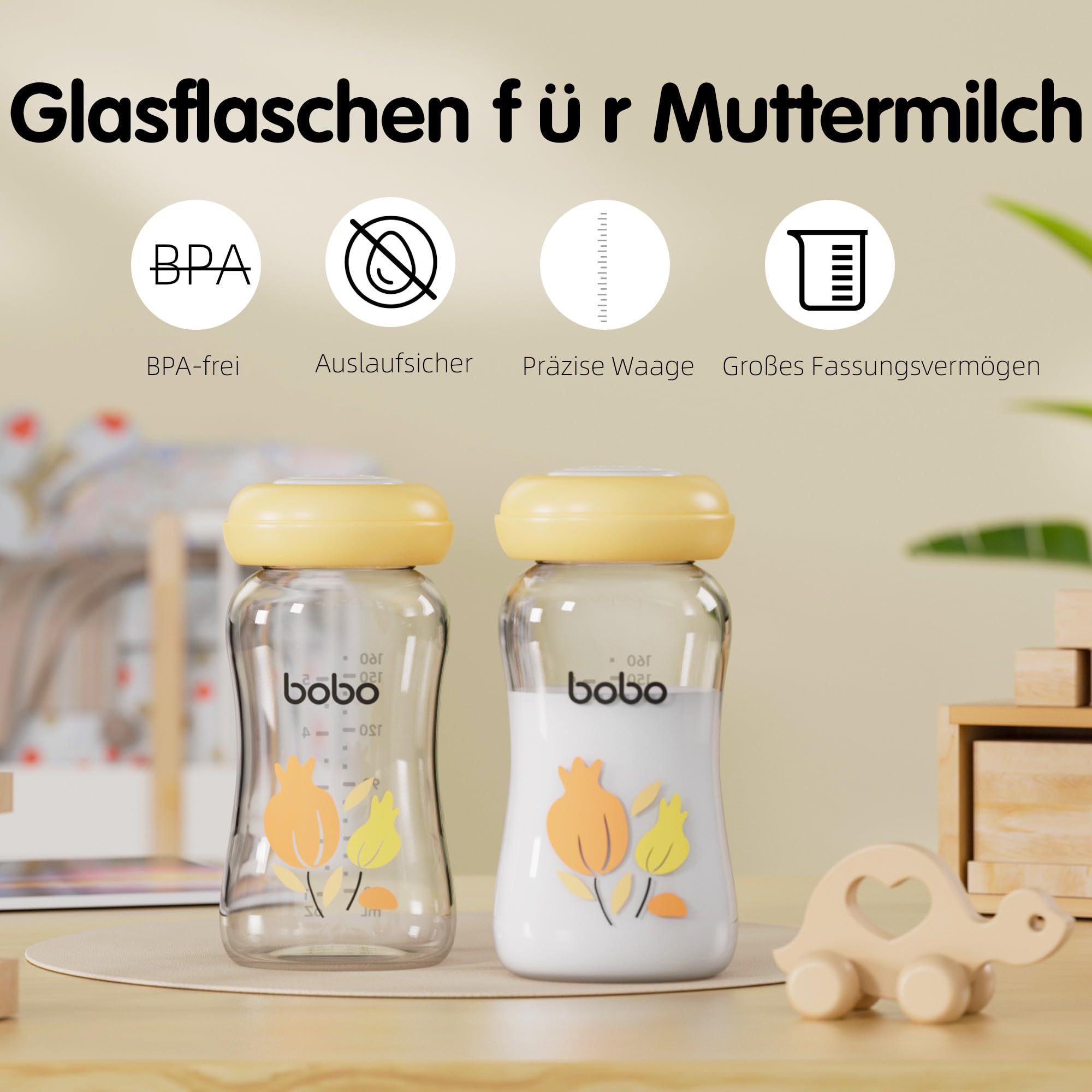 YOHKOH Botellas de cristal premium para leche materna, 4 x 160 ml, para almacenamiento seguro de leche materna, apto para lavavajillas, congelador y microondas (4 unidades, 160 ml), color amarillo