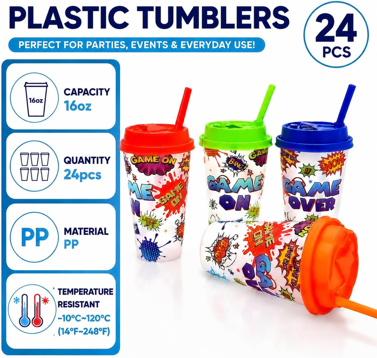 24 Pcs Video Game Party Favors 16oz Plastic Cups with Lids and Straw image 2