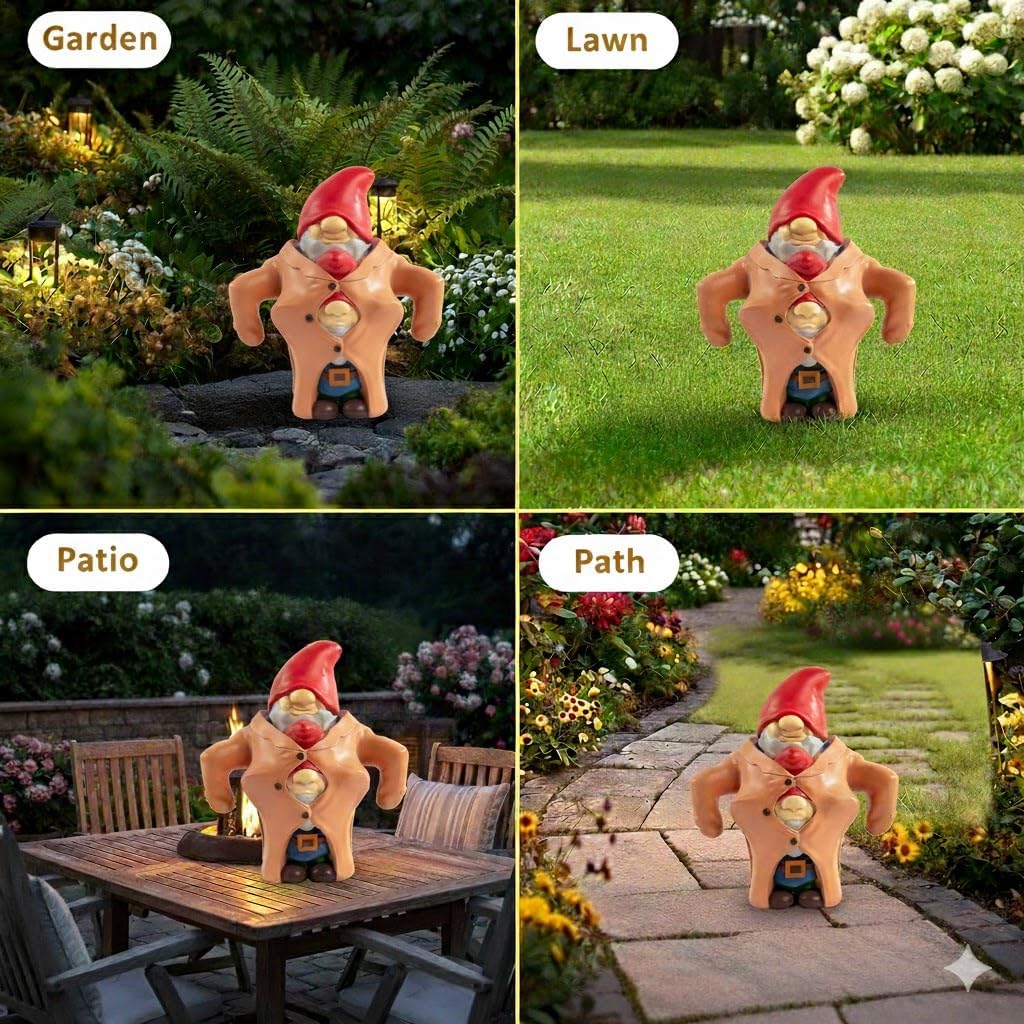 SCS Direct Whimsical Two Gnomes in a Trench Coat Garden Statue - Suspiciously Tall Figurine - Funny Lawn Ornament - Weatherproof Resin- Hand-Painted Decor for Patios and Offices- Mother's