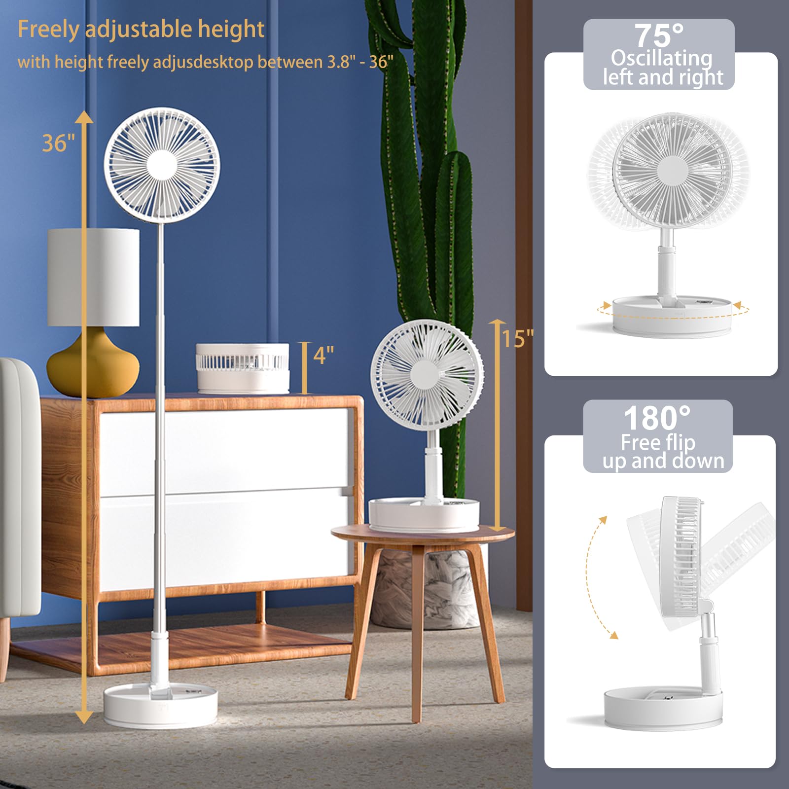Ventilador oscilante plegable portátil con control remoto, ventilador de pie USB recargable de 7200 mAh, ventilador de mesa silencioso de 8 pulgadas con 3 velocidades, función de 2