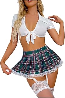 2025 Mujer Lencería Erótica Sexy Plaid Encaje Lado Manga Corta Falda Corta Conjunto Lencería Lacado Lencería Sin Busto