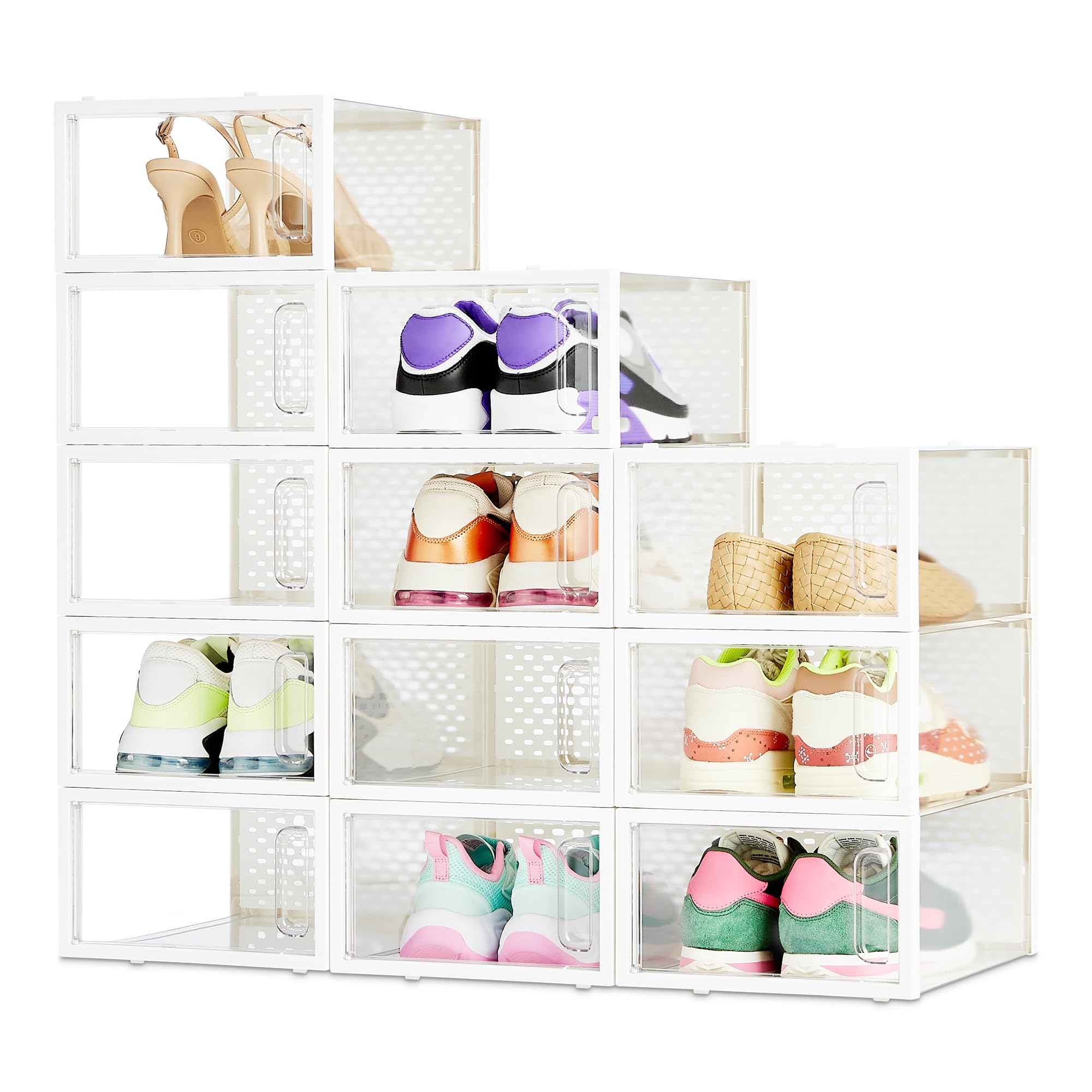 Amazon Basics Stackable and Foldable Clear Shoe Storage Organizer Box, Small, Pack of 12