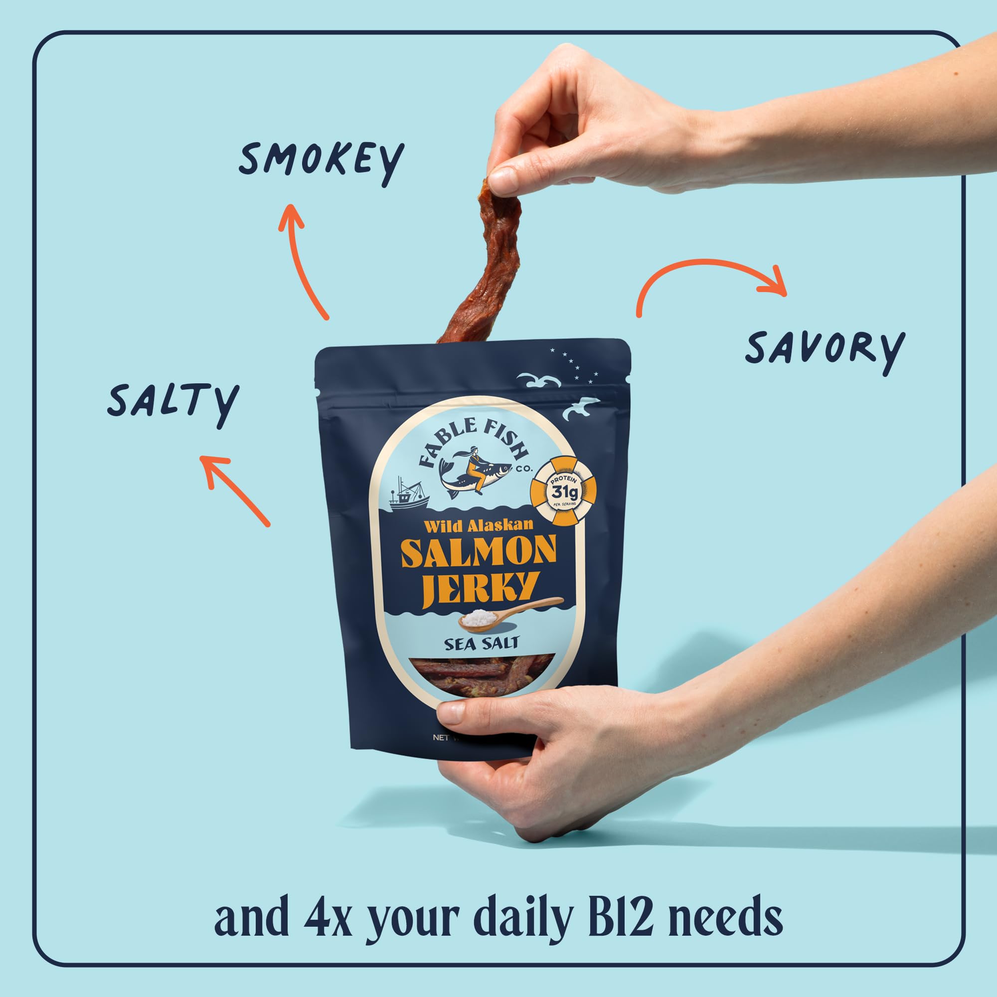 Fable Fish Wild Alaskan Salmon Jerky - Wild Caught Salmon with 31g of Protein - Tasty Fish Jerky with Omega-3s and Natural Source of Collagen - Made with Whole Muscle Sockeye - Sea Salt thumbnail 3