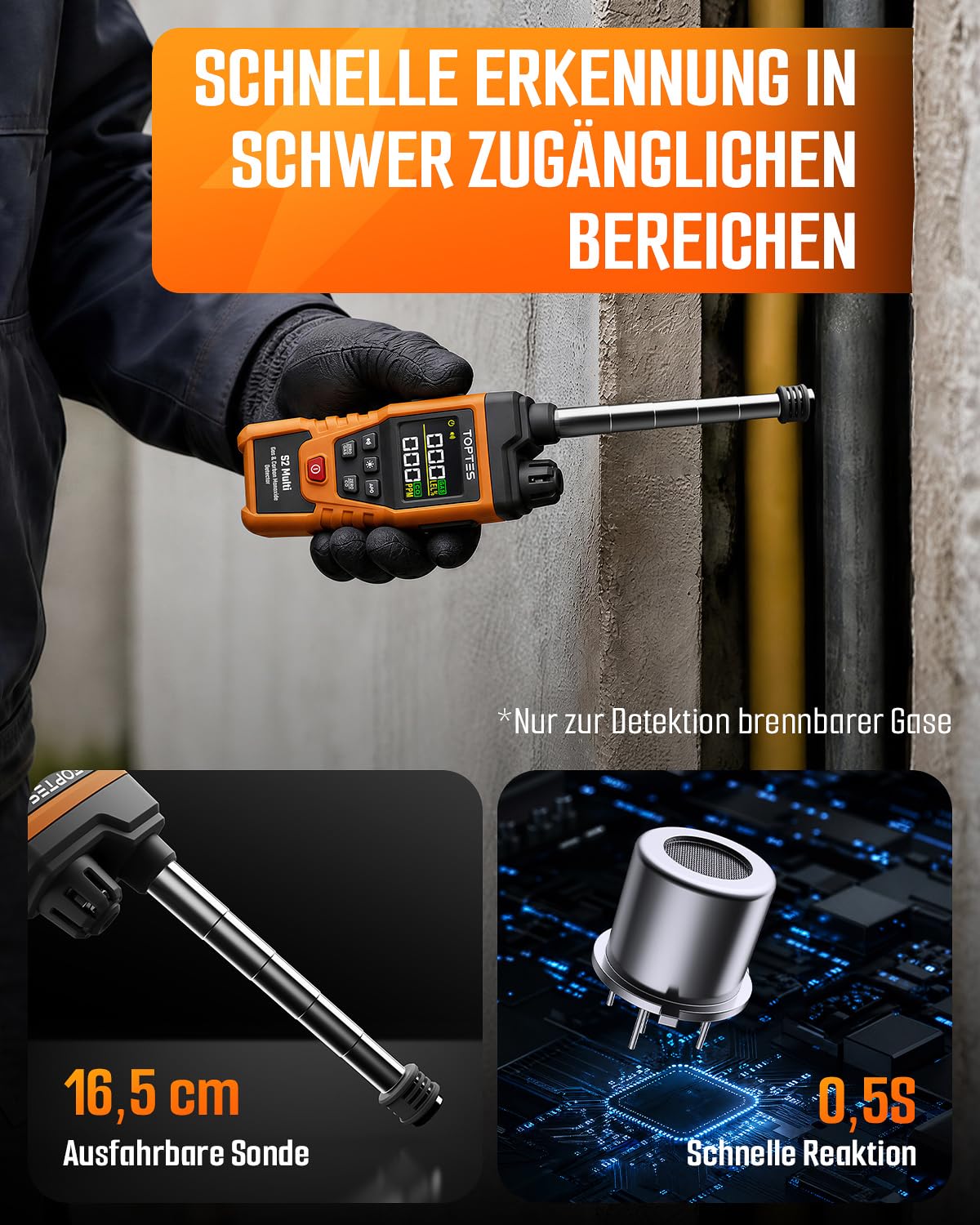 TopTes S2 Multi Gasmelder & Kohlenmonoxid Melder für Erdgas (Orange)