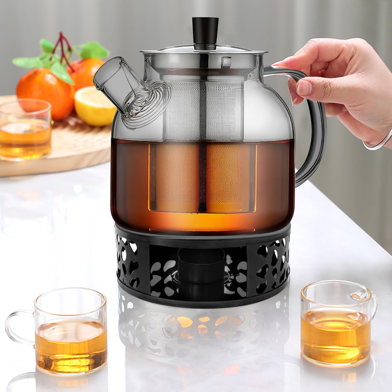 Theepot van glas met stoofje, glazen kan met deksel en elegante theepot met zeef, voor losse thee en theezakjes, 1800 ml