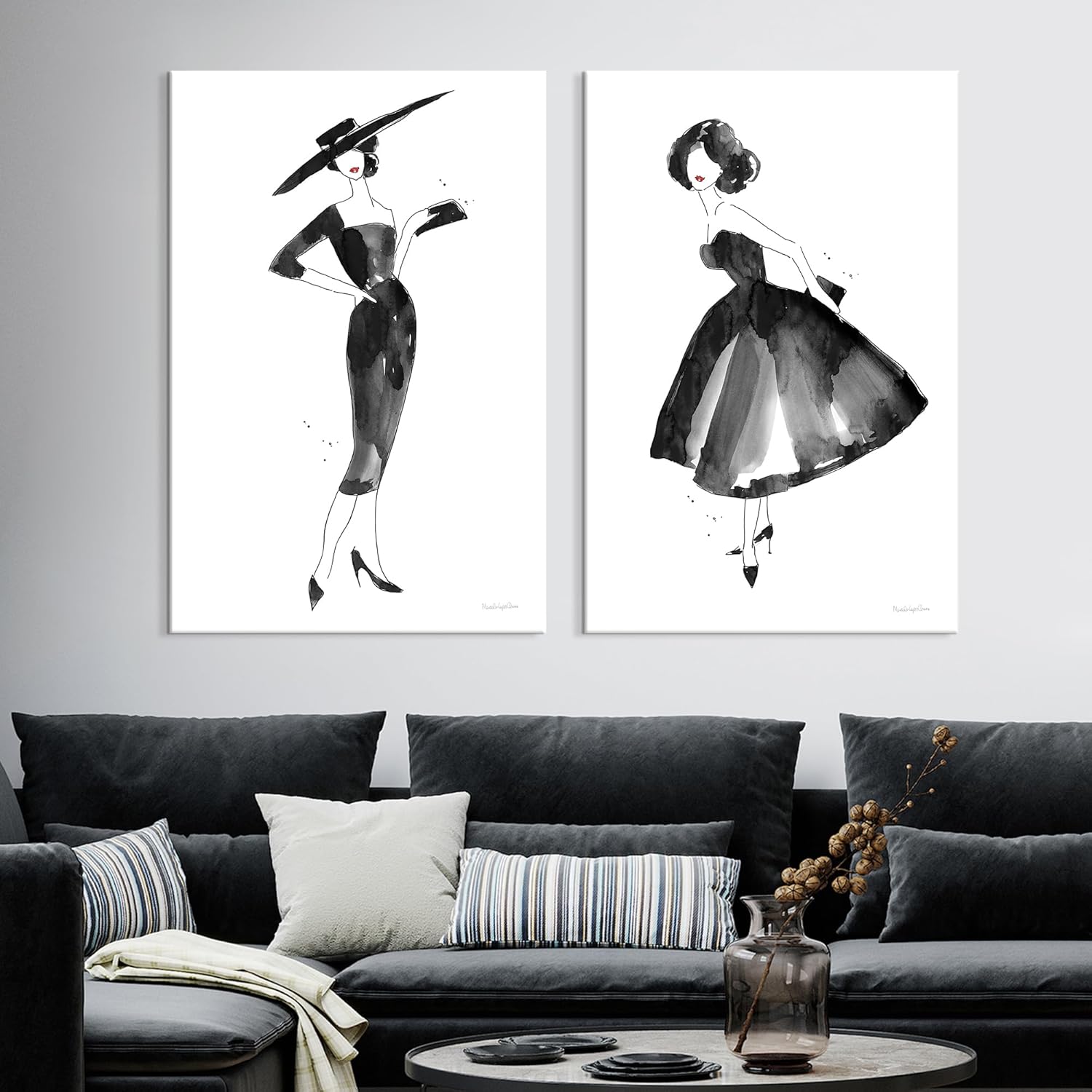 2 Pieces Fashion Women Canvas Wall Art Trendy Models Painting Black and White Funky Poster Pictures Framed Artwork for Bedroom Bathroom Makeup Room Decor 12"x16" (30cmx40cm)