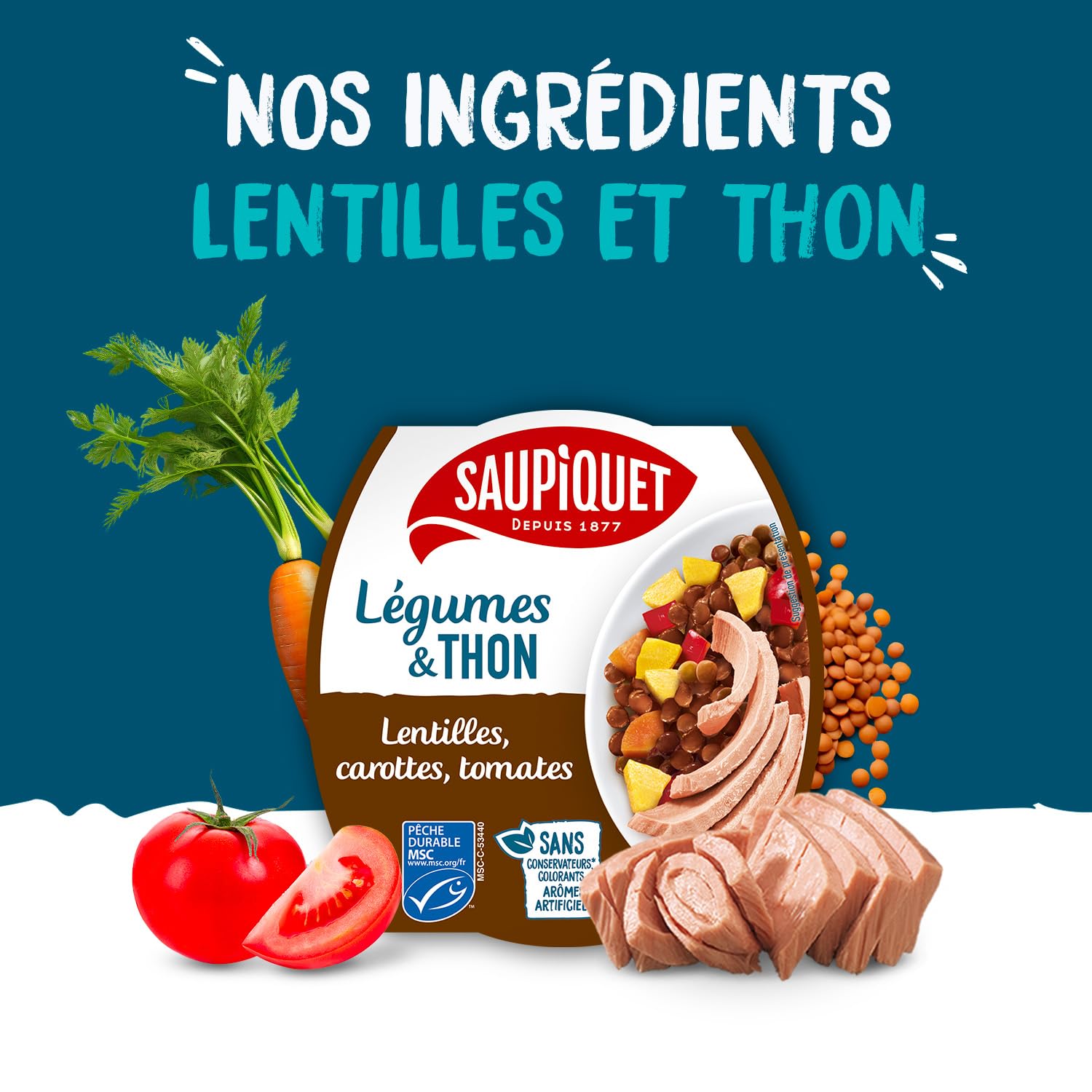 SAUPIQUET - Légumes & Thon - Lentilles, Carottes, Tomates - Salade Prête à Consommer - Température Ambiante - Idéal Pique-Nique - Poisson Issu Pêche Traçabilité Garantie - 9 Conserves (160 g)