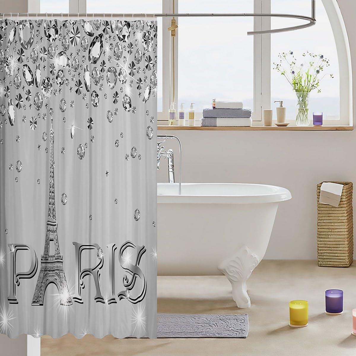 Erosebridal Paris Shower Curtain 72x84 for Women,Girly Glitter Eiffel Tower Bathroom Curtain for Valentine Day Gift,Gradient Diamond Bath Curtain,Sparkles Sequins Waterproof Shower Curtain