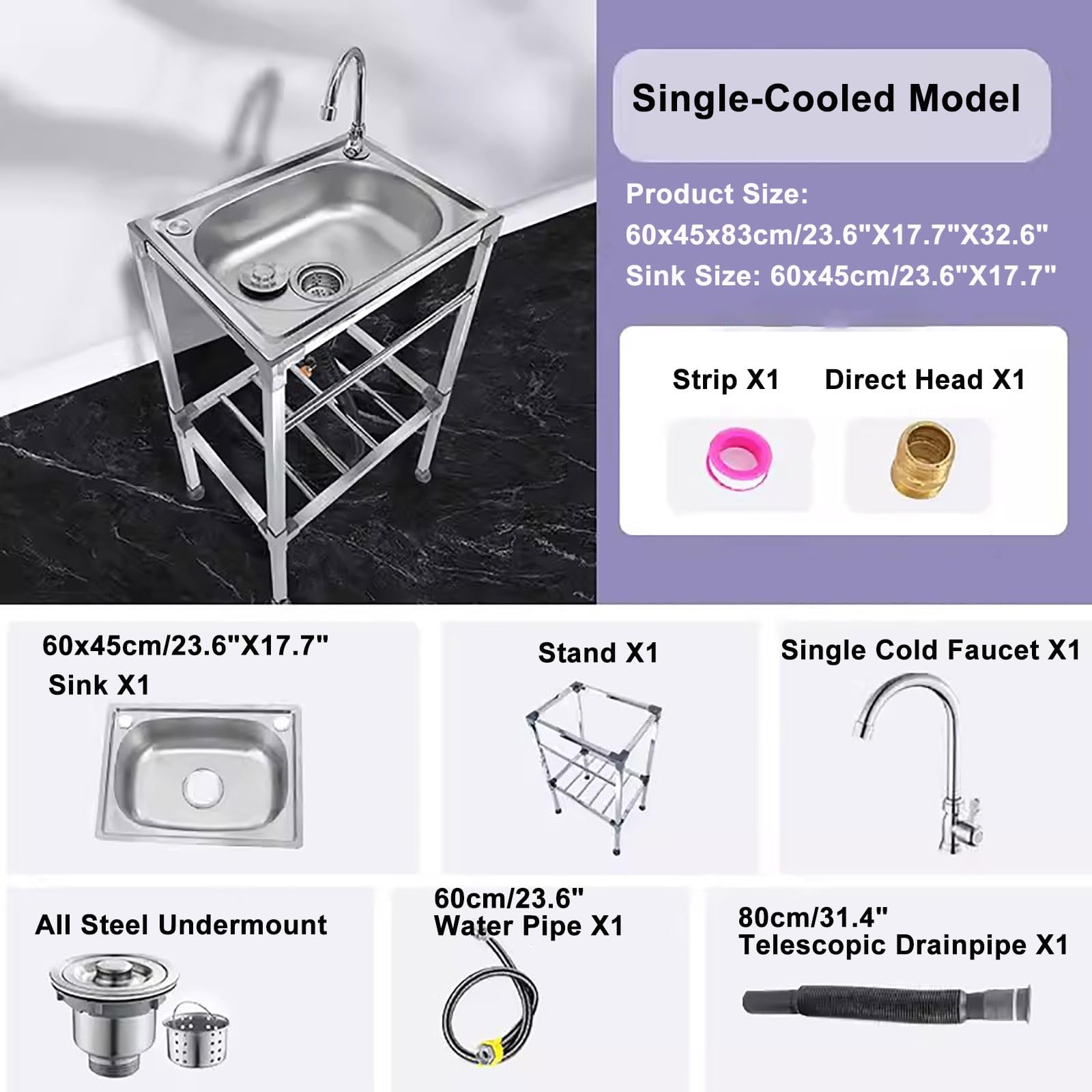 Cocina Fregadero Exterior Portátil Con Grifo Y Soporte de Acero Inoxidable - Fácil de Instalar Y Limpiar Para Camping, Tiendas, Restaurantes, Pila Lavadero (60)