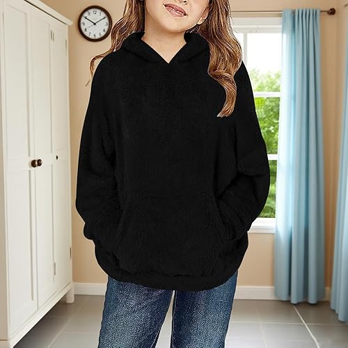 Girls Oversized Hoodies Fleece Sweatshirt Long Sleeve Warm 2025 Trendy Pullover Winter Casual Preppy Outerwear Tops(Black,4-5T)