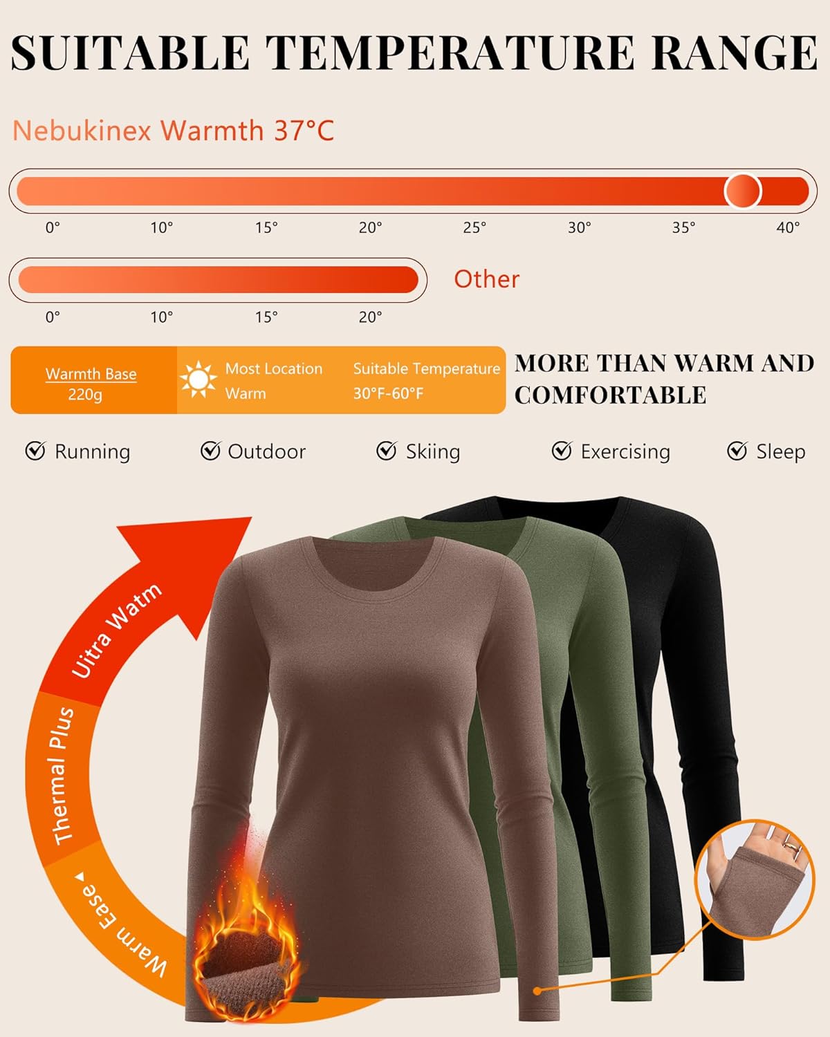 Huukeay 3 Pack Women's Thermal Shirts with Thumb Holes Long Sleeve Basic Tops Slim Fit T-Shirts Casual Soft Fleece Layer - Image 3