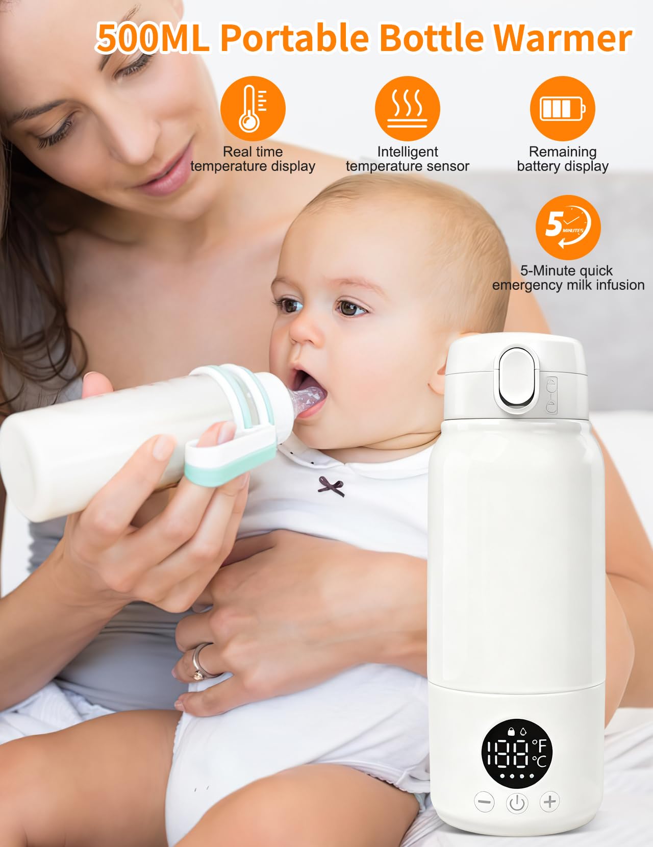 Chauffe-biberon pour Bébé, 500ml Chauffe-biberon Portable | Réchauffe L'eau ou le Lait, Avec Câble USB & Brosse de Nettoyage pour les Voyages Alimentation Nocturne