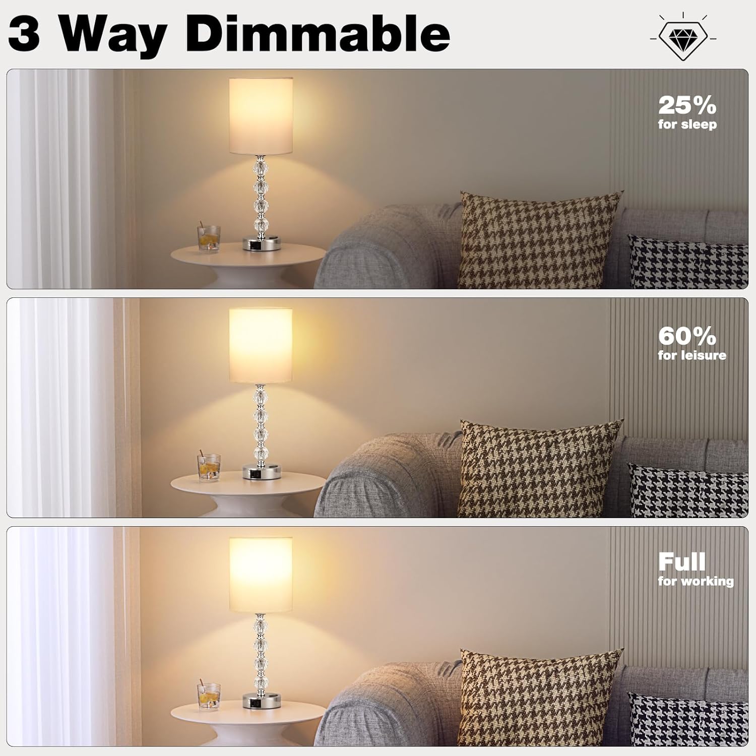 Acaxin Touch Bedside Crystal Lamps for Bedrooms Nightstand with USB C+A Charging Port and AC Outlet White, 3 Way Dimmable Silver Large End Side Table Lamp for Living/Guest/Dinning Room/Kitchen