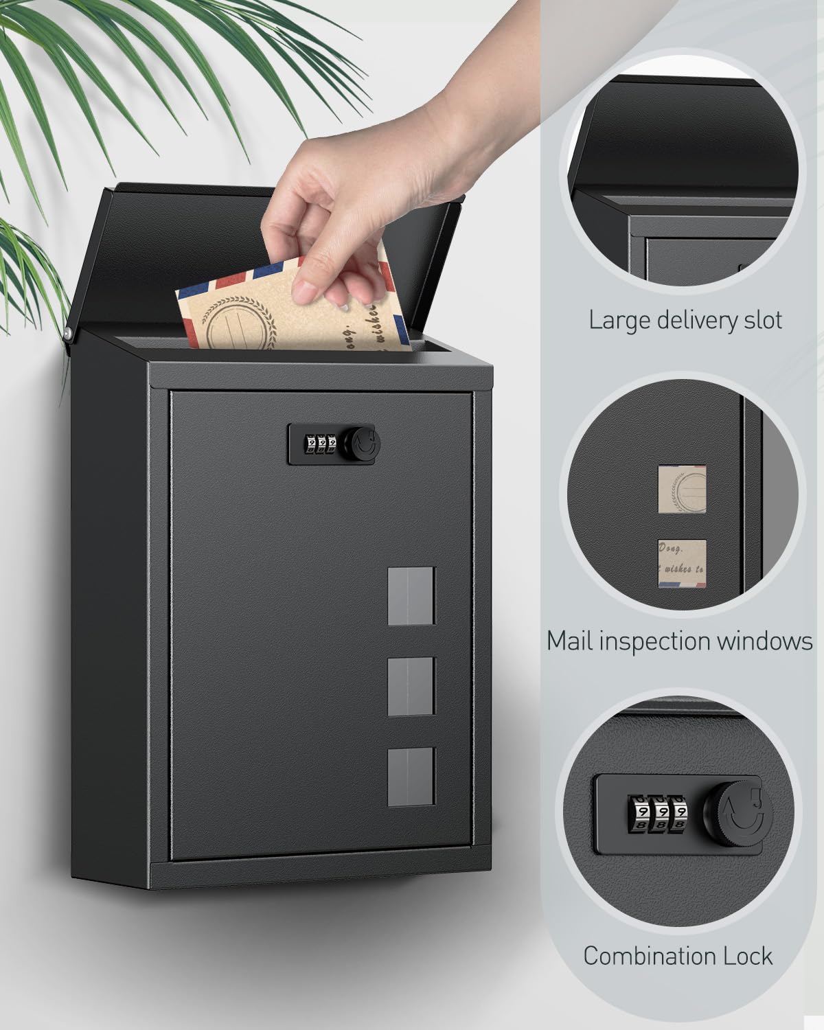 Uniclife Grande Boîte aux Lettres Murale pour Extérieur avec Serrure à Combinaison Boîte de Dépôt de Clés Sécurisée pour Maison École Bureau et Usage Extérieur en Couleur Noire