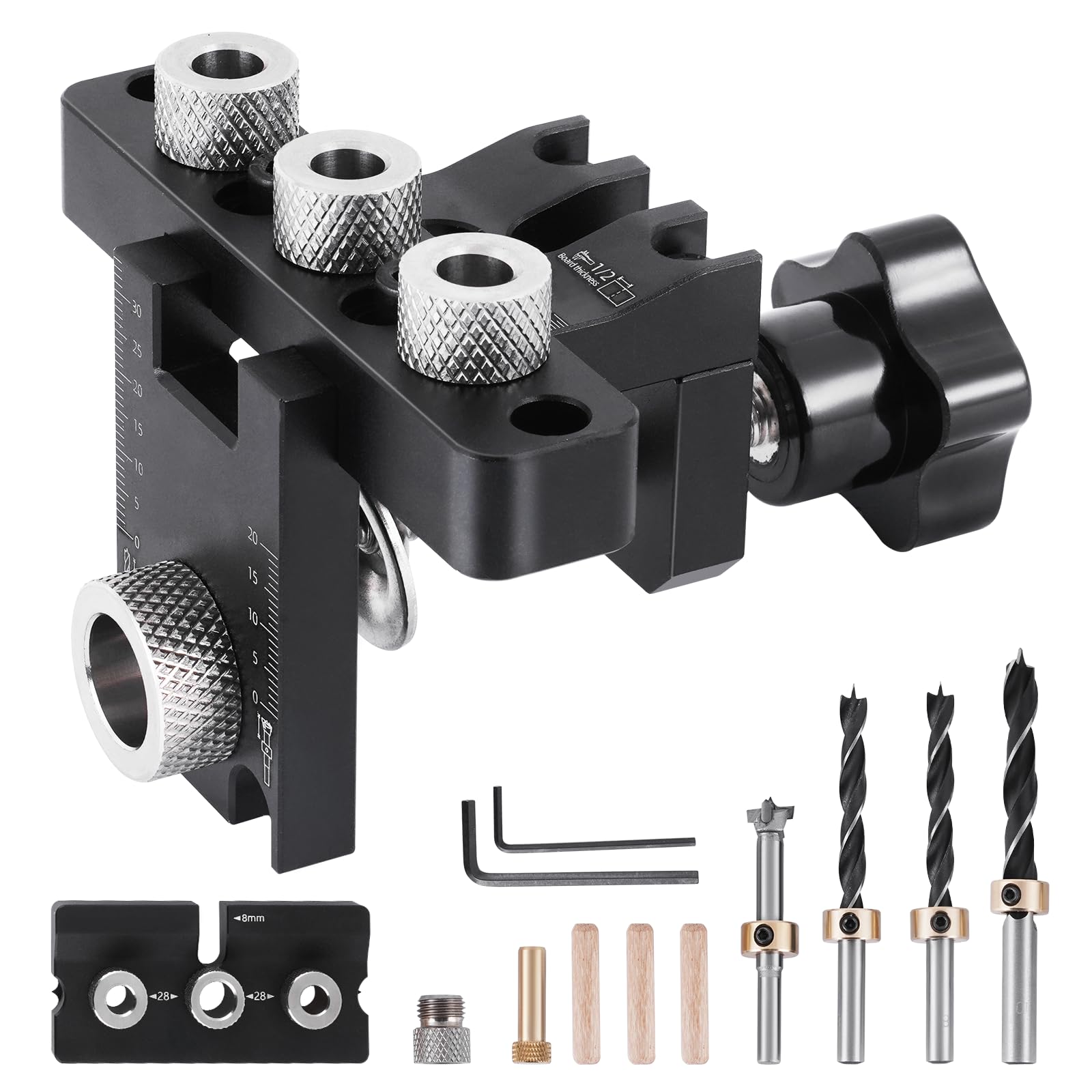 YUCHENGTECH 3 in 1 Dowel Jig Drill Kit Multi-Function Self Centering Doweling Jig Kit Adjustable Woodworking Drilling Locator Puncher Set Aluminum Alloy with 8/10/15mm Bits for Woodworking Furniture