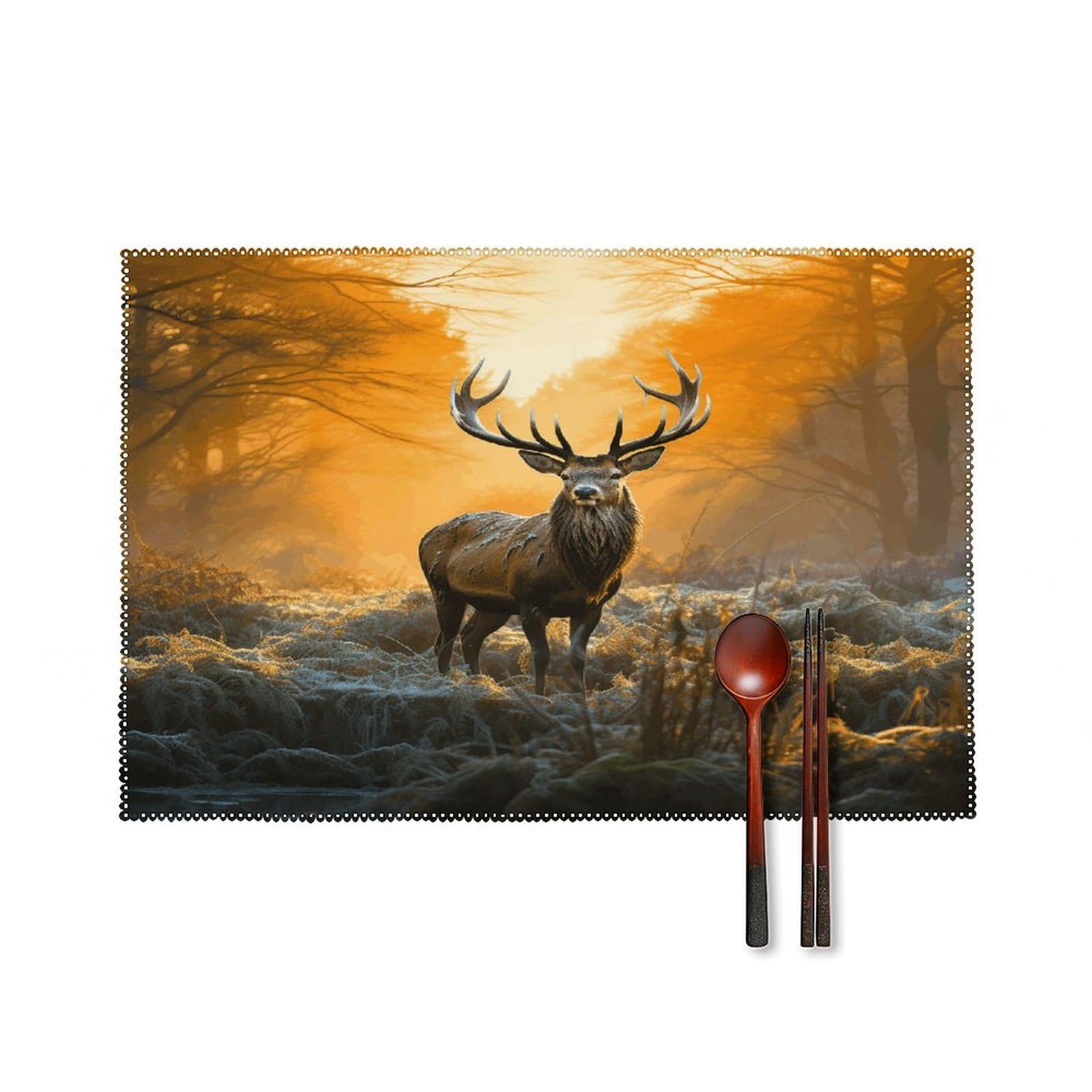 Deer in Forest Placemats Set of 6 Non-Slip Heat Resistant Table Mats Canvas Washable Cloth Place Mats Easy to Clean Premium Placemat for Kitchen Dining Table Decoration
