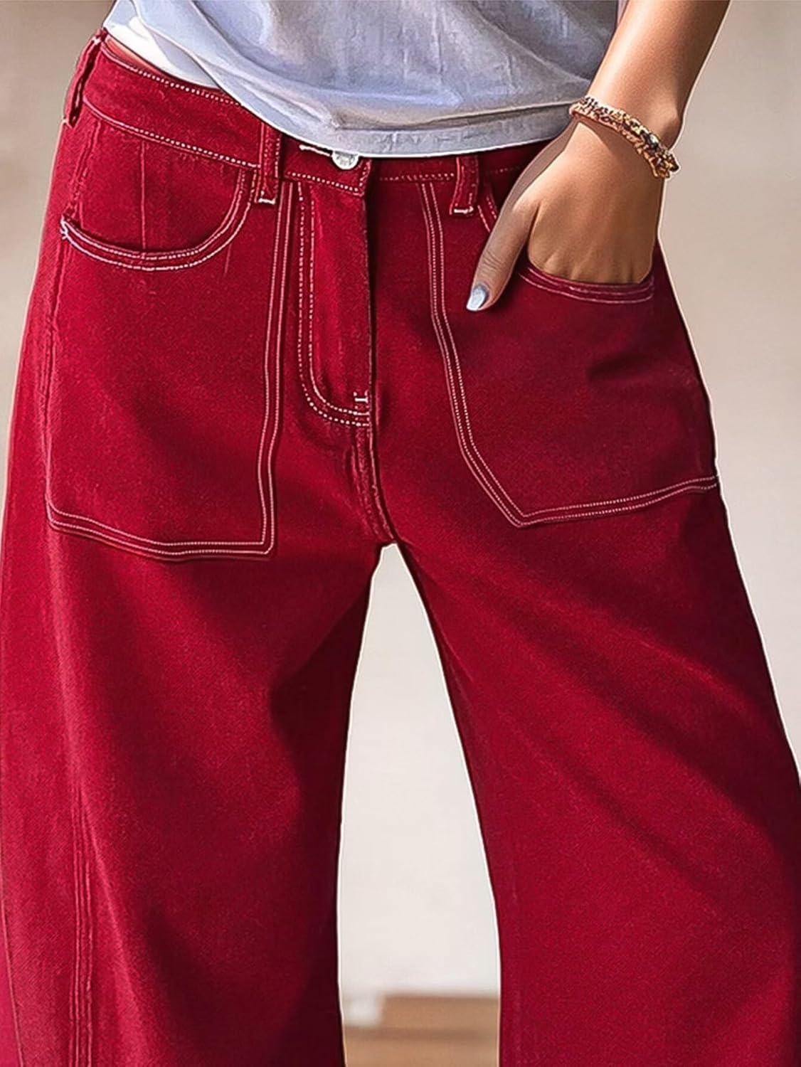 Flamingals Straight Leg Low Rise Barrel Pants Casual Stretchy Vintage Carrot Chino Pants for Women Trendy Without Belts - Image 2